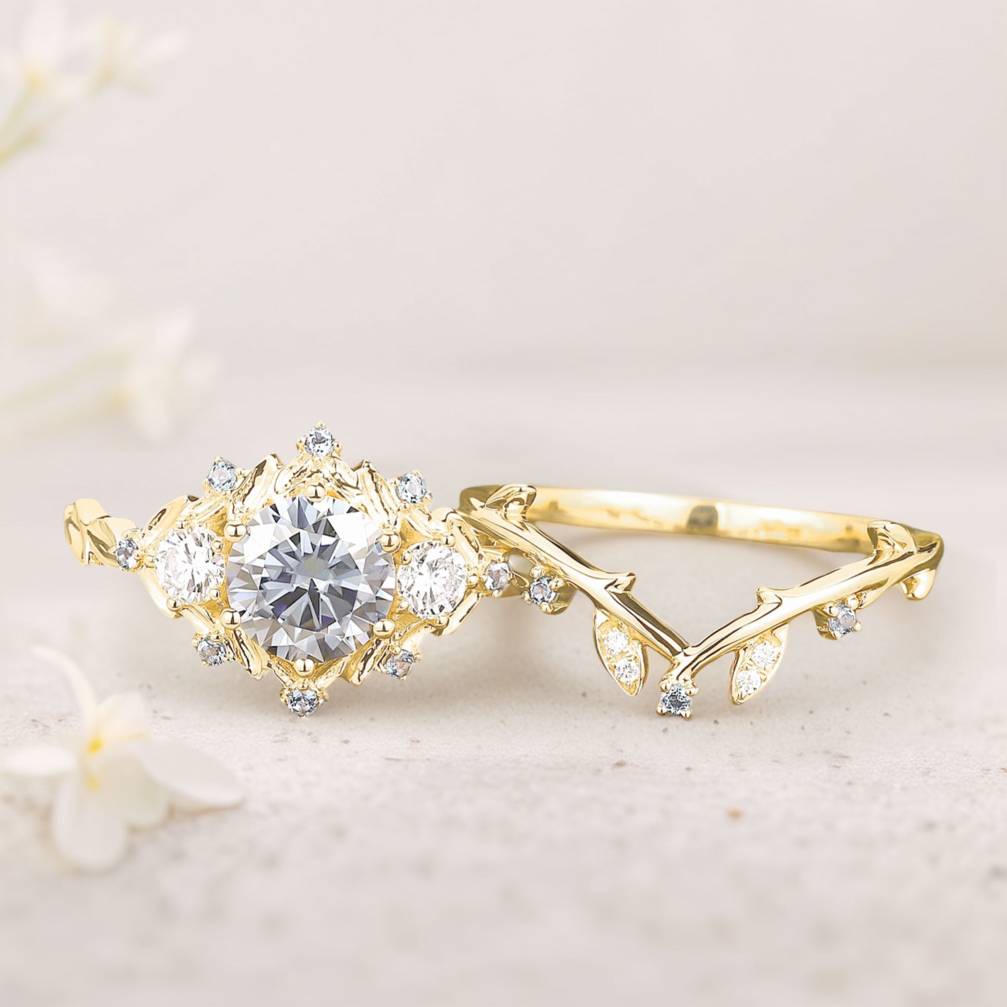 Unique Round Gray Moissanite Leaf Engagement Ring Set Moissanite 18K Yellow Gold Cluster Flower Wedding Band
