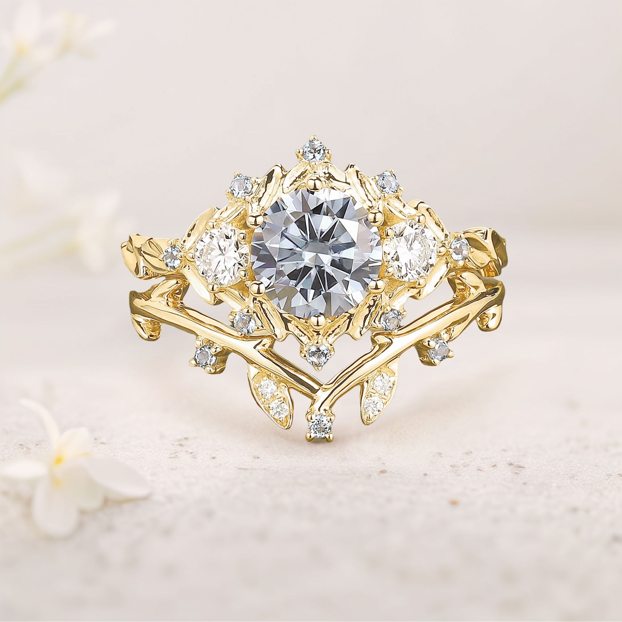 Unique Round Gray Moissanite Leaf Engagement Ring Set Bridal Promise Ring Moissanite 18K Yellow Gold Cluster Flower Wedding Band