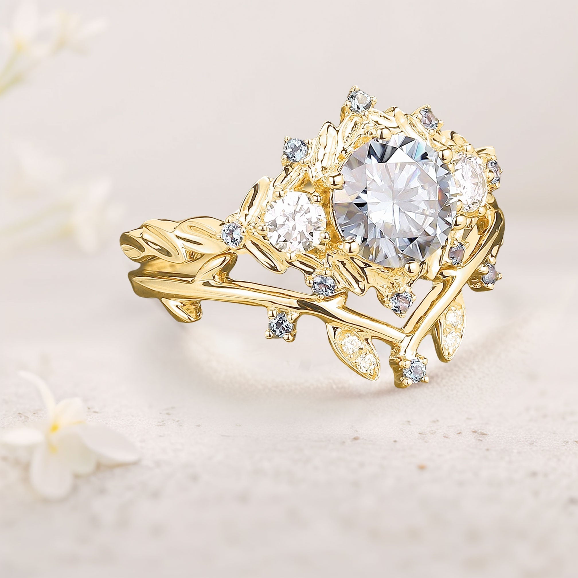 Unique Round Gray Moissanite Leaf Engagement Ring Set Moissanite 18K Yellow Gold Cluster Flower Wedding Band