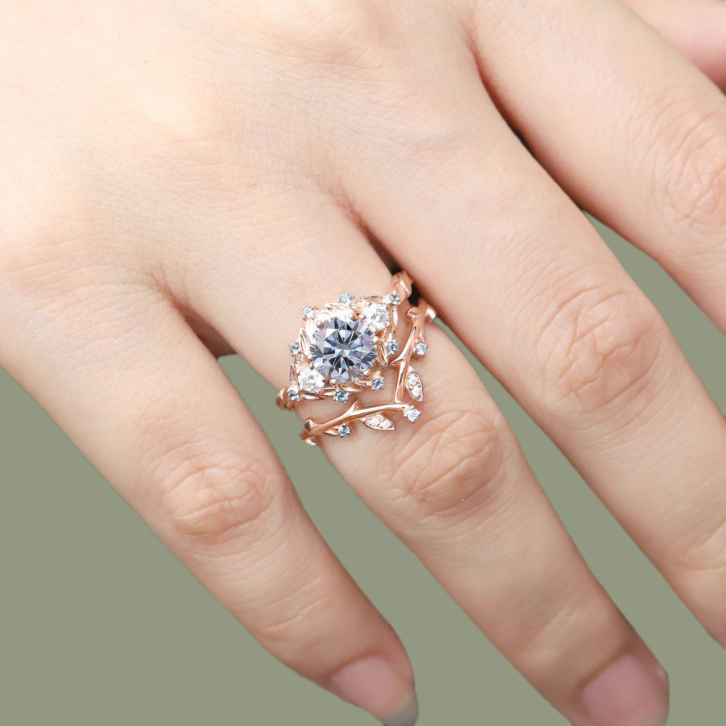 Unique Round Gray Moissanite Leaf Engagement Ring Set Bridal Promise Ring Moissanite 18K Yellow Gold Cluster Flower Wedding Band