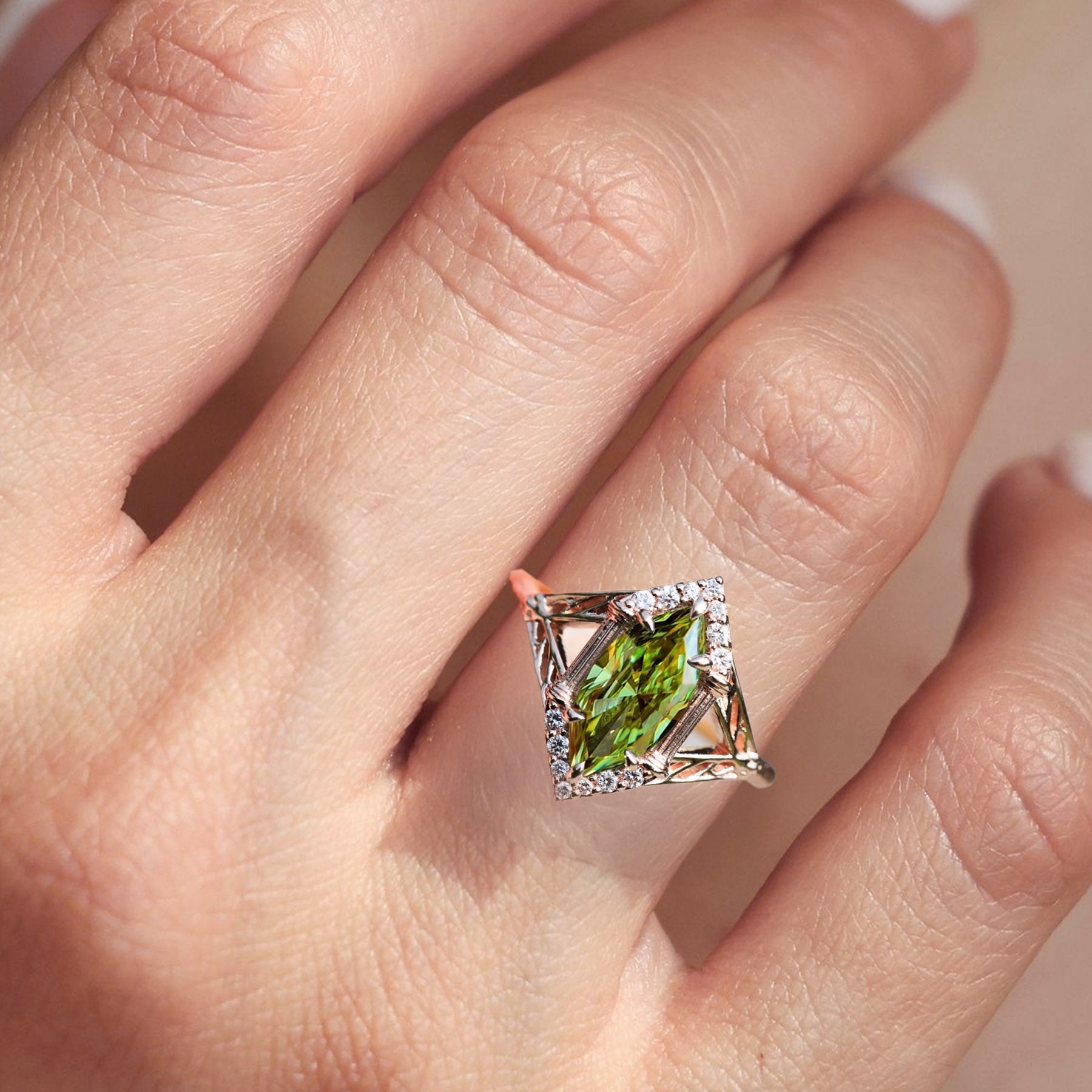 Unique Marquise Green Lab Sapphire Ring - Orlina Jewelry