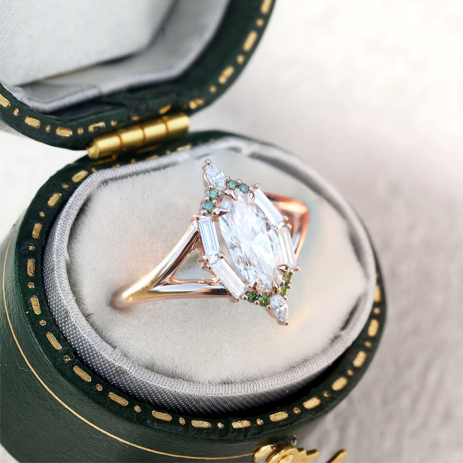 Unique Marquise Moissanite and Green Lab Sapphire Engagement Ring - Orlina Jewelry