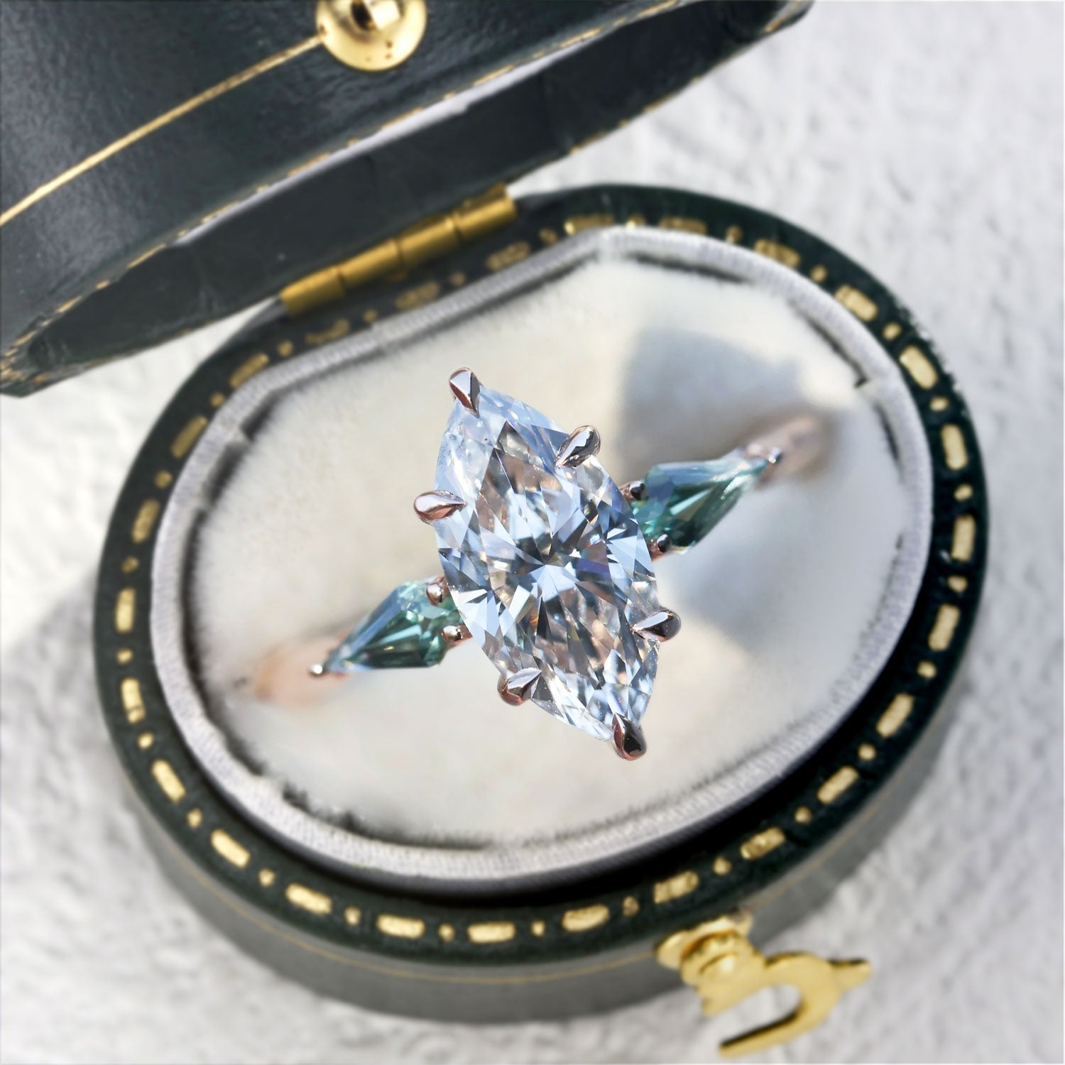 Unique Marquise Moissanite and Kite Green Sapphire Engagement Ring - Orlina Jewelry