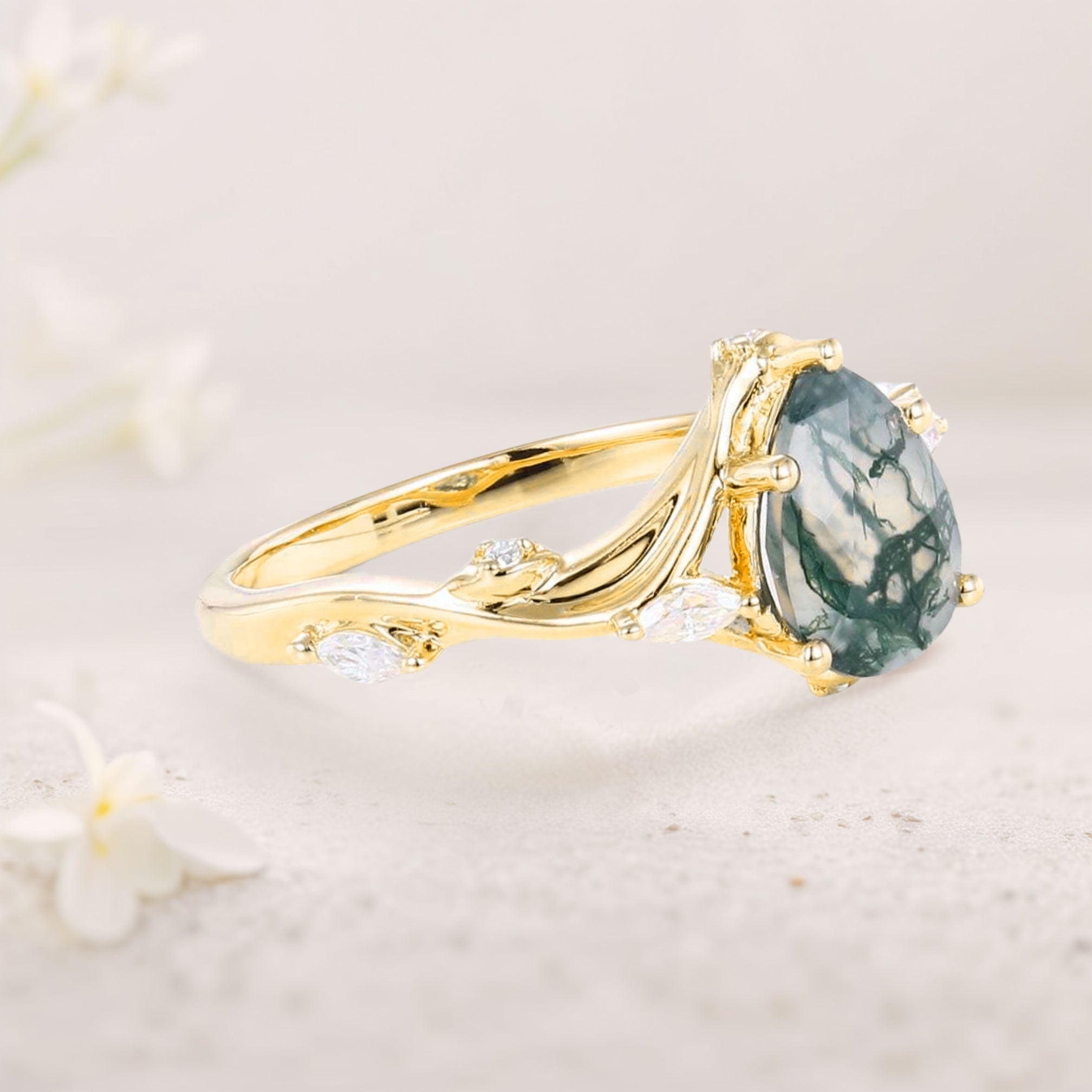 Unique floral engagement rings Pear Moss Agate 18K Yellow Gold Engagement Ring Branching Bridal Ring