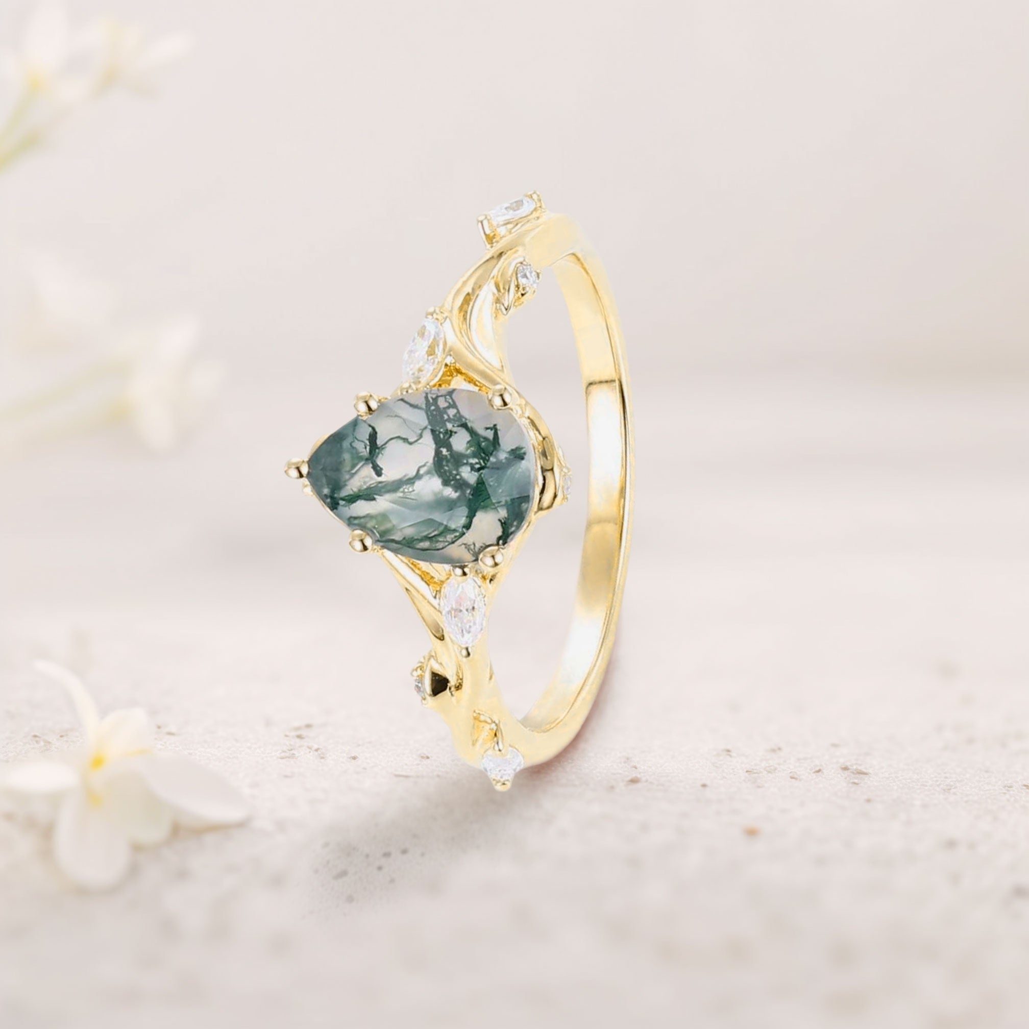 Unique floral engagement rings Pear Moss Agate 18K Yellow Gold Engagement Ring Branching Bridal Ring