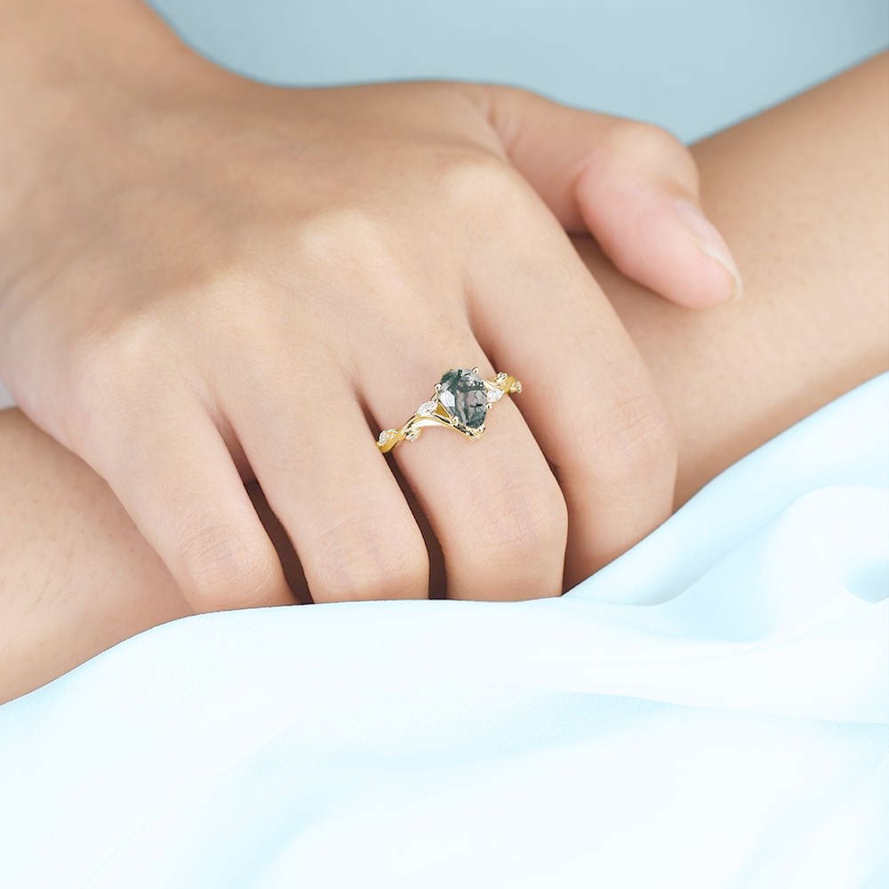 Unique floral engagement rings Pear Moss Agate 18K Yellow Gold Engagement Ring Branching Bridal Ring