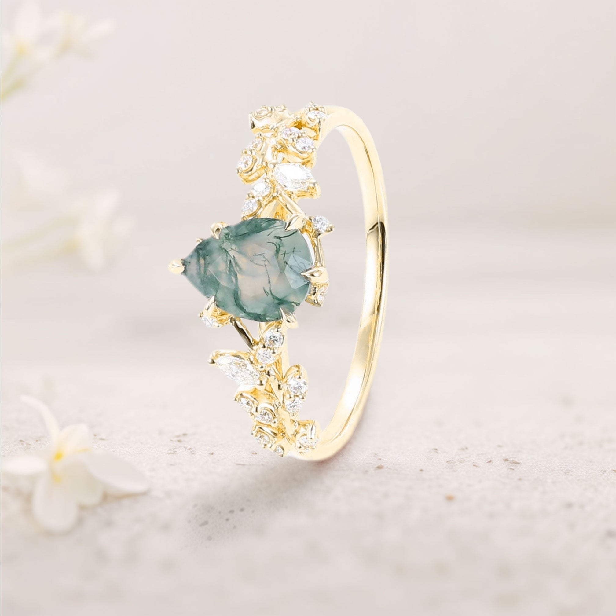 Unique Pear Moss Agate Leaf 18K Yellow Gold Engagement Ring Mystical Garden Bridal Ring Promise Ring