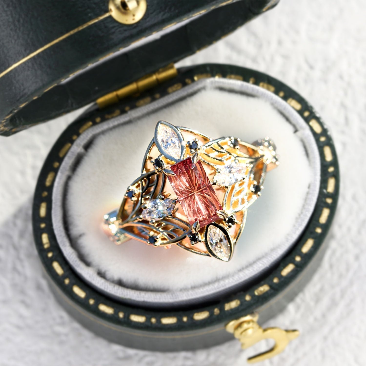 Vintage Enchanted Elvindell Starlight Emerald Cut Padparadscha 14k yellow gold Ring