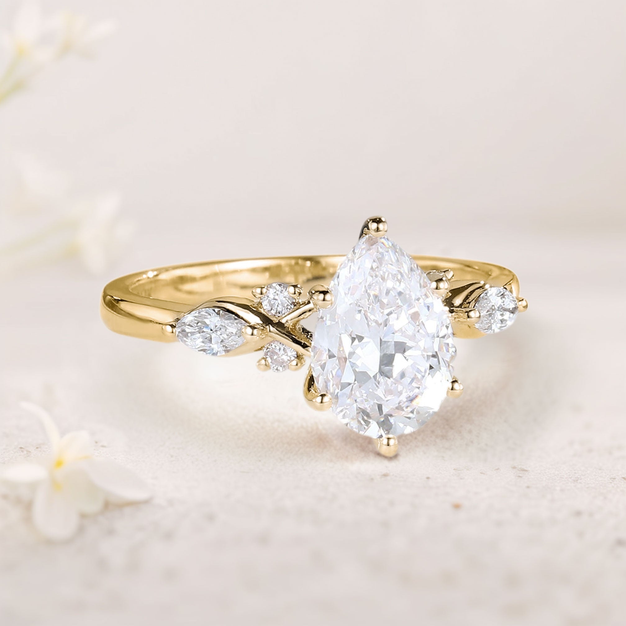 Unique Pear Moissanite Twist Ring 18K Yellow Gold Engagement Ring