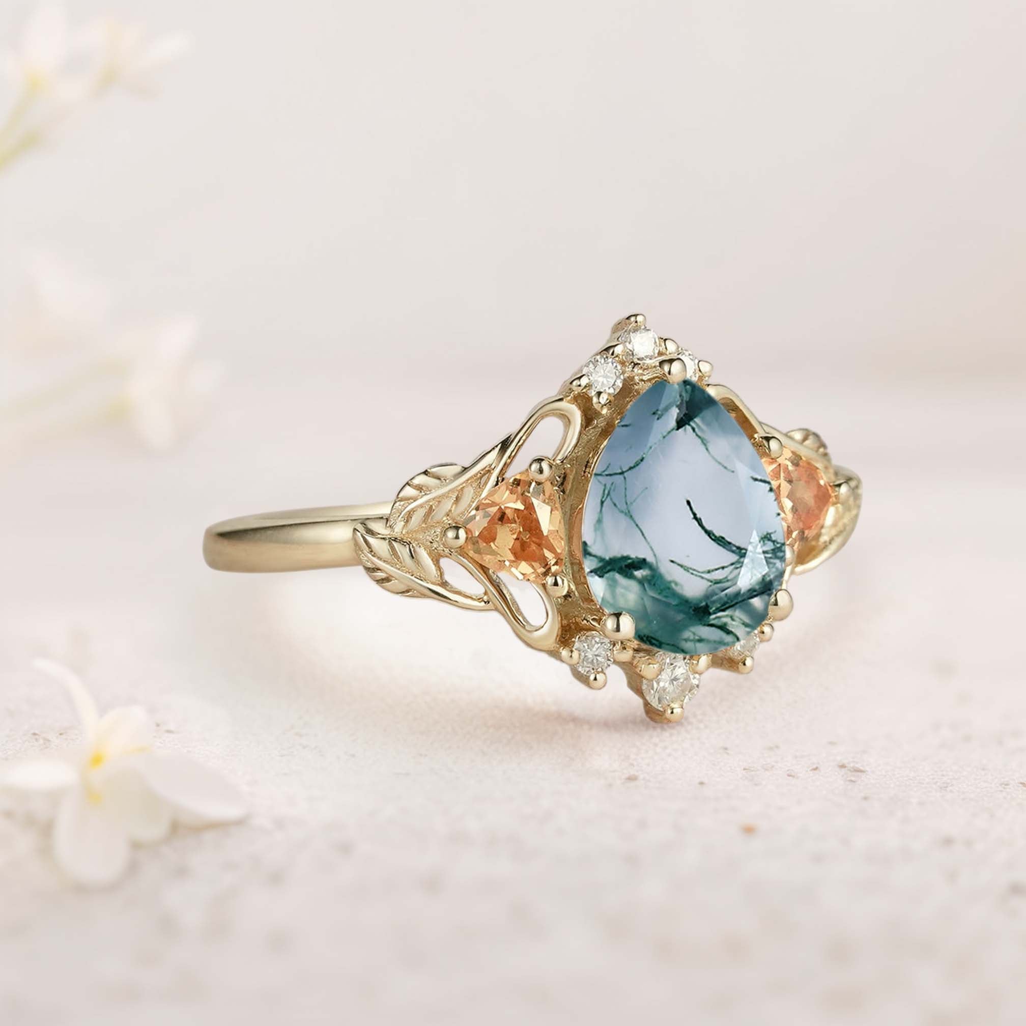 Unique Pear Moss Agate Leaf Ring 18K Yellow Gold Engagement Ring