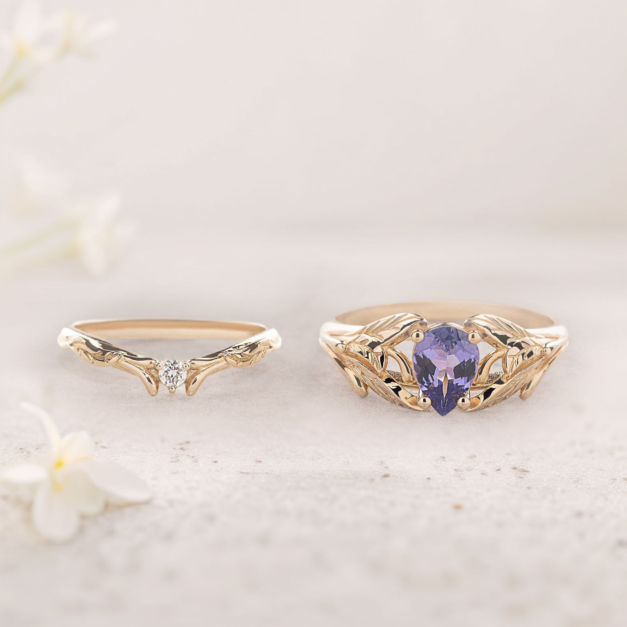 Unique floral engagement rings Pear Purple Lab Tanzanite 18K Yellow Gold engagement ring with Moissanite wedding Set