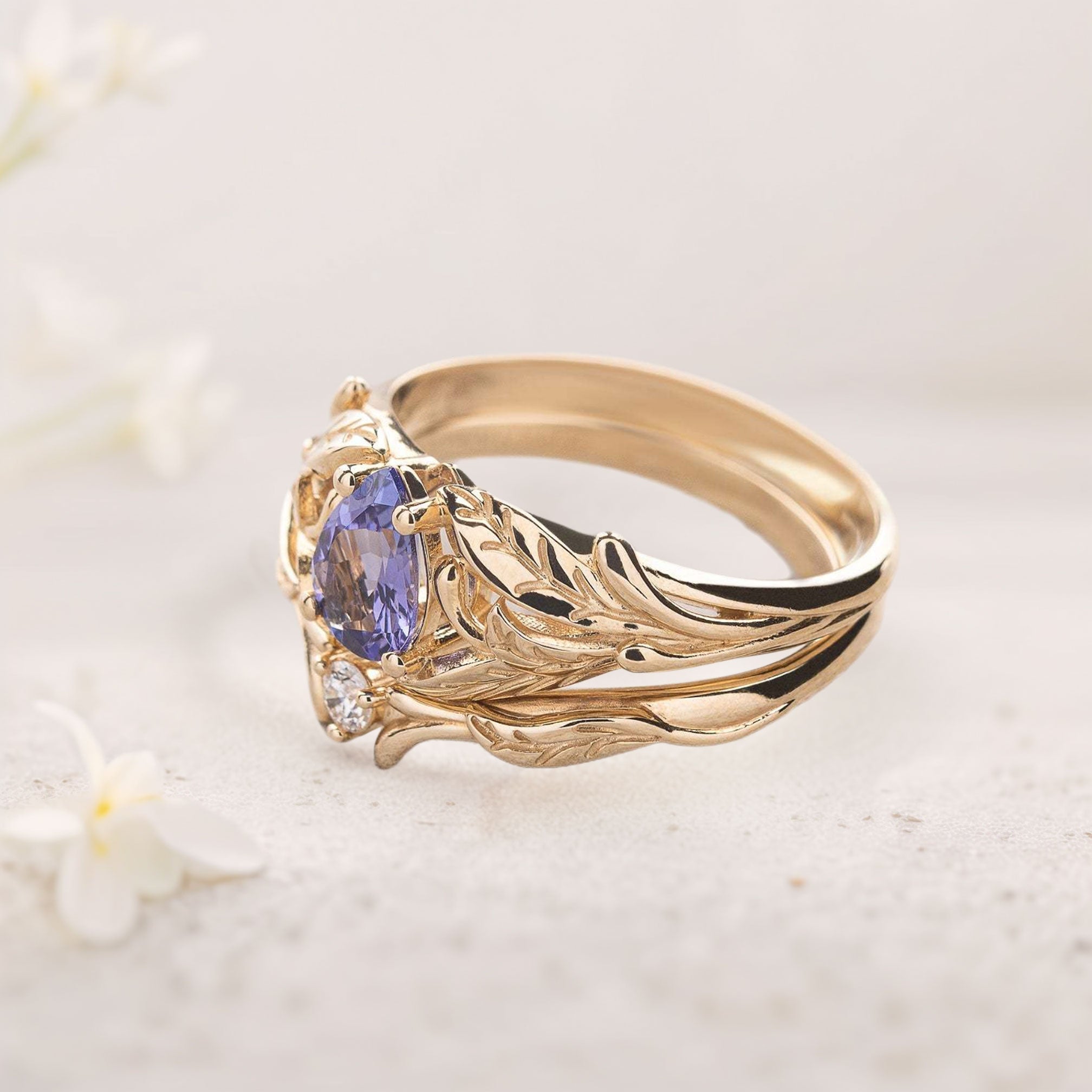 Unique floral engagement rings Pear Purple Lab Tanzanite 18K Yellow Gold engagement ring with Moissanite wedding Set