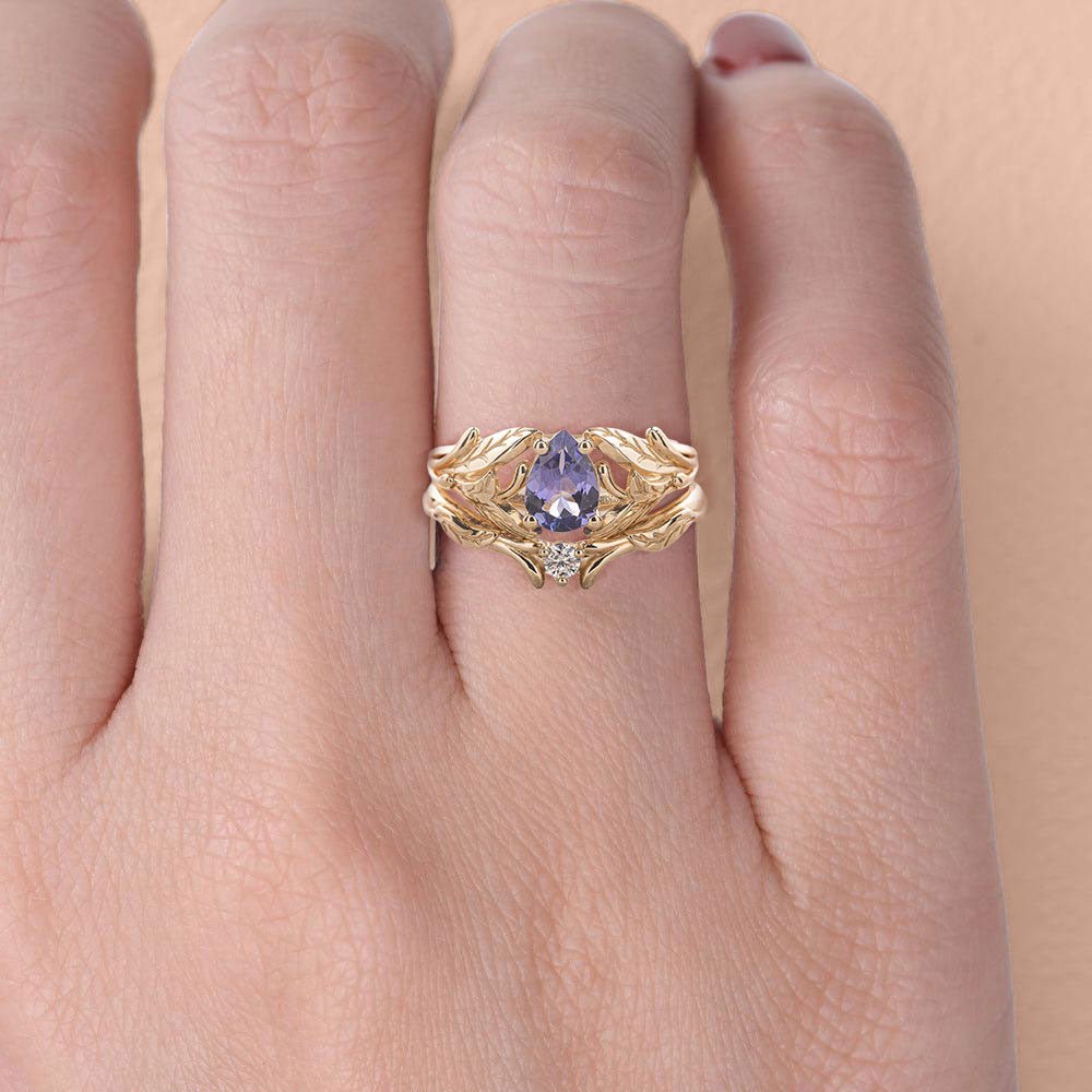 Unique floral engagement rings Pear Purple Lab Tanzanite 18K Yellow Gold engagement ring with Moissanite wedding Set