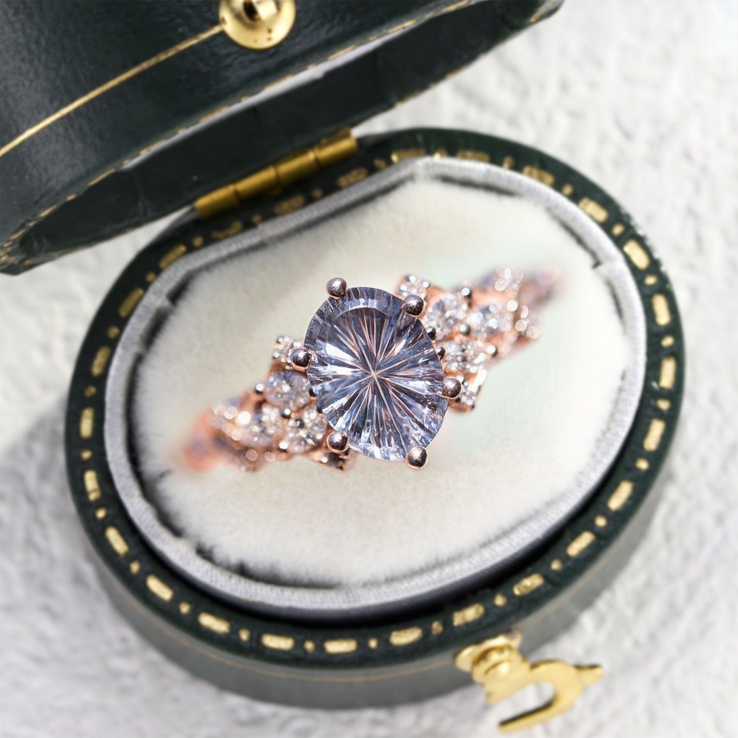 Vintage Briar Rose Starlight Oval Purple Lab Sapphire 14k rose gold Engagement Ring