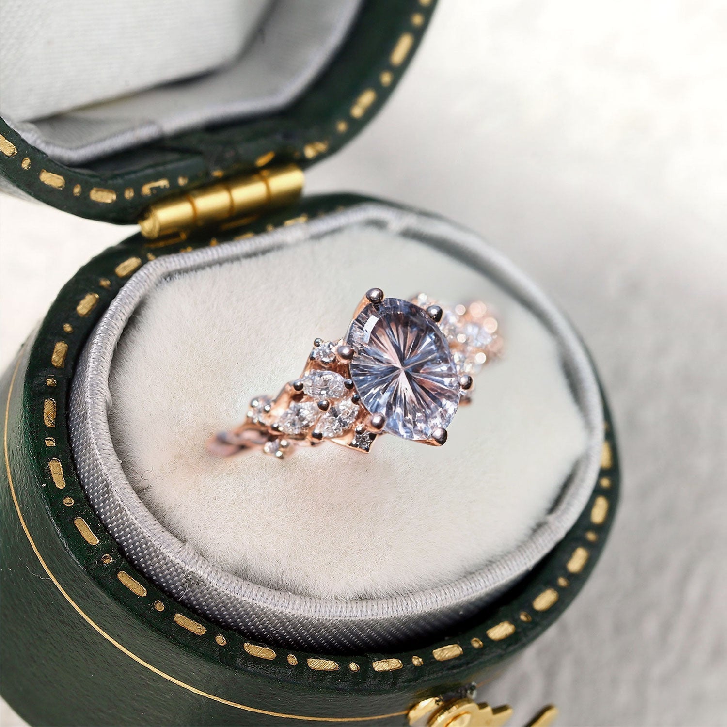 Vintage Briar Rose Starlight Oval Purple Lab Sapphire 14k rose gold Engagement Ring