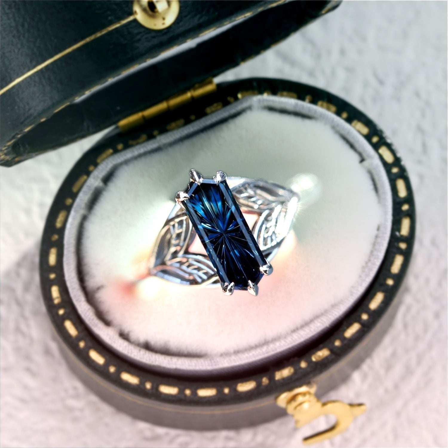 Unique Starlight Oval Blue Lab Sapphire Engagement Ring - Orlina Jewelry