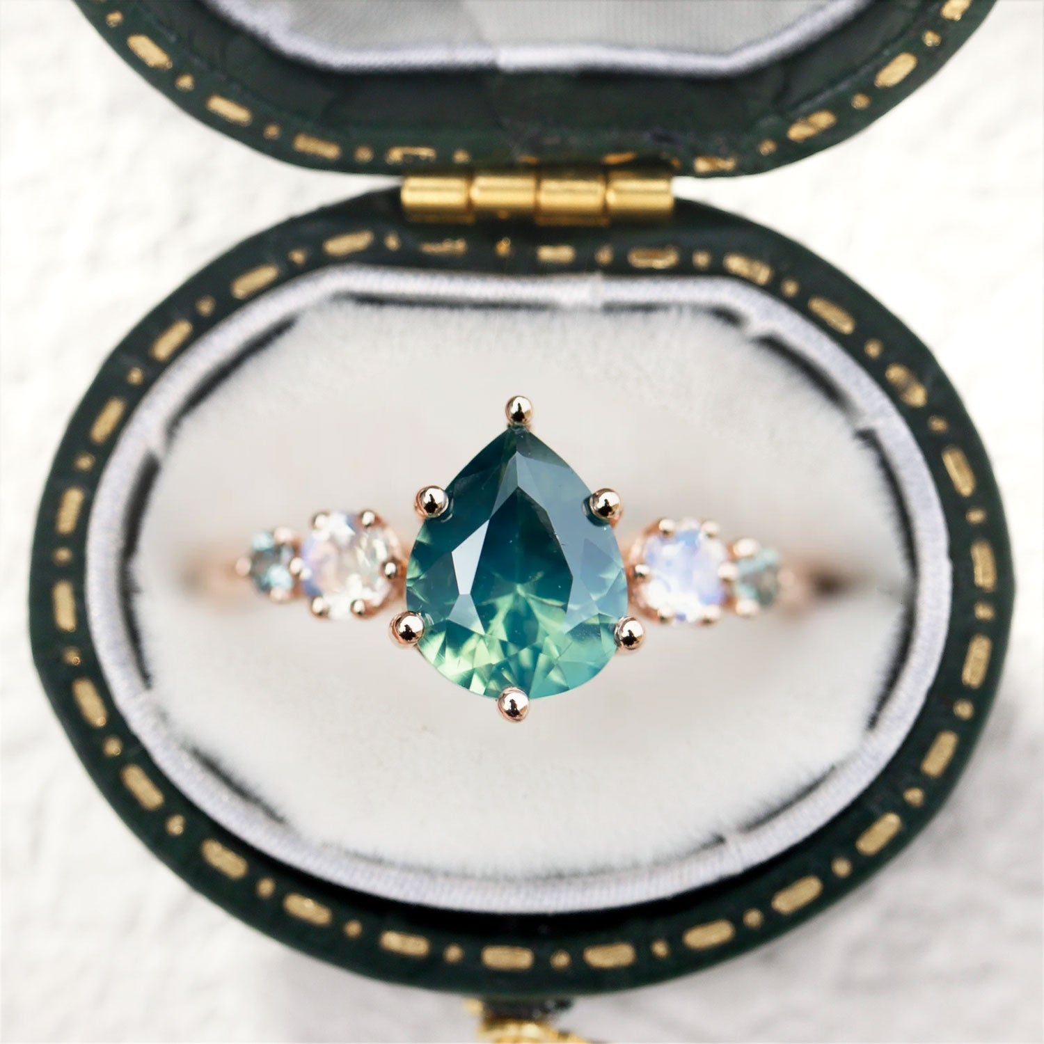 Unique Teal Pear Sapphire and Moissanite Engagement Ring - Orlina Jewelry
