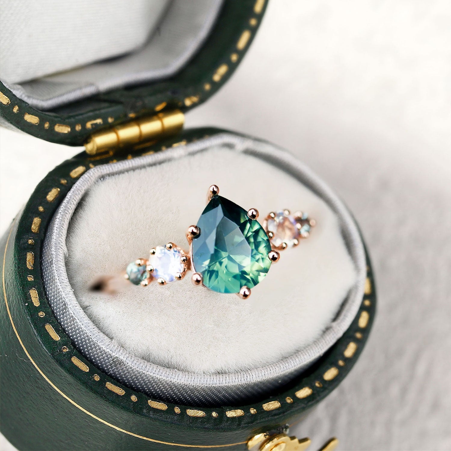 Unique Teal Pear Sapphire and Moissanite Engagement Ring - Orlina Jewelry