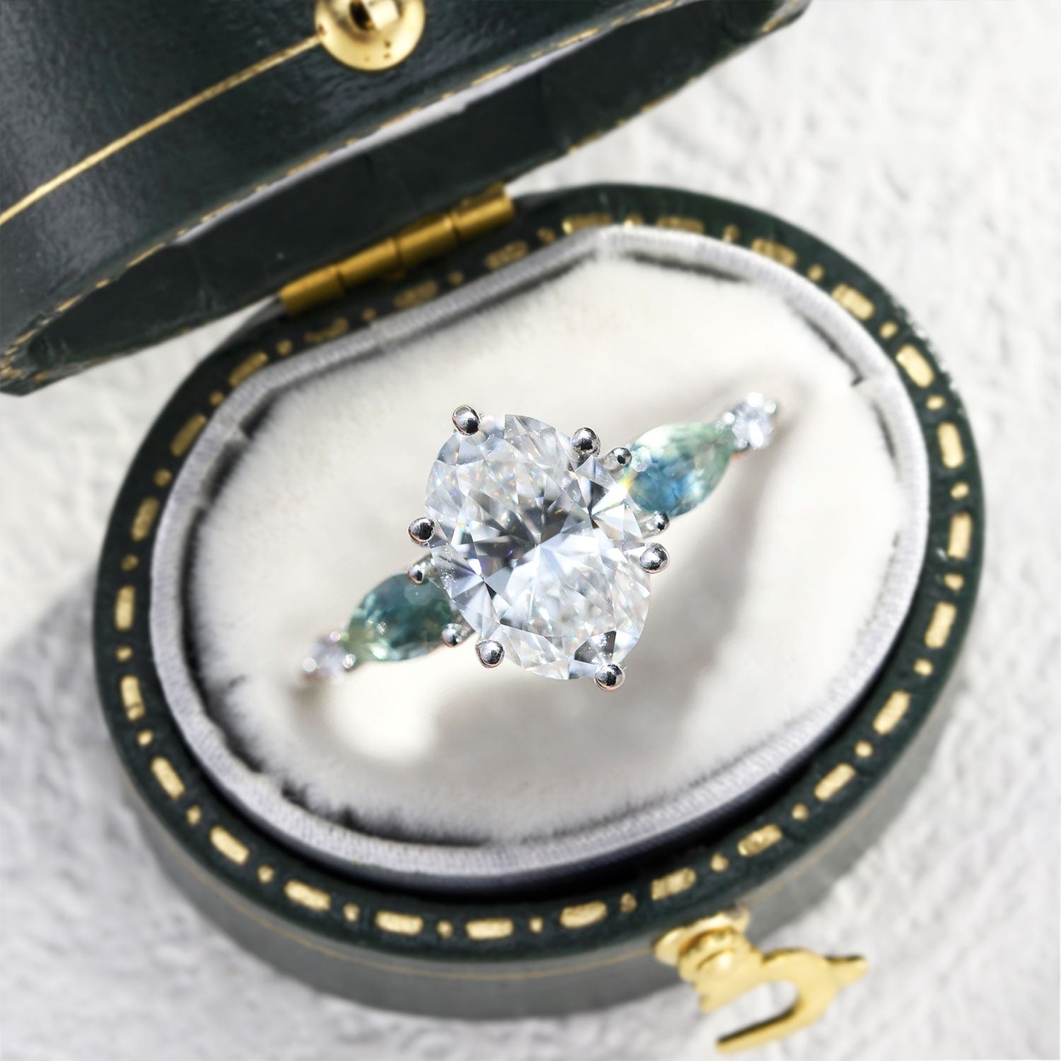 Vintage Five Stone Oval Moissanite and Teal Sapphire 14k white gold Engagement Ring