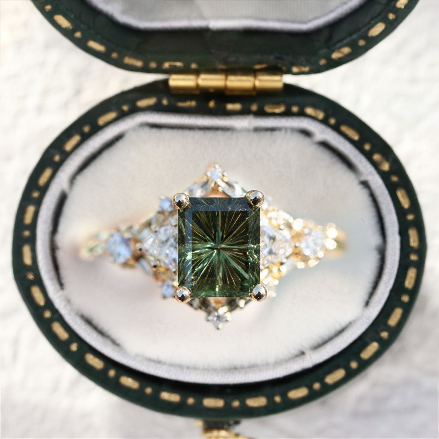 Vintage Briar Rose Starlight Emerald Green Lab Sapphire Engagement Ring - Orlina Jewelry