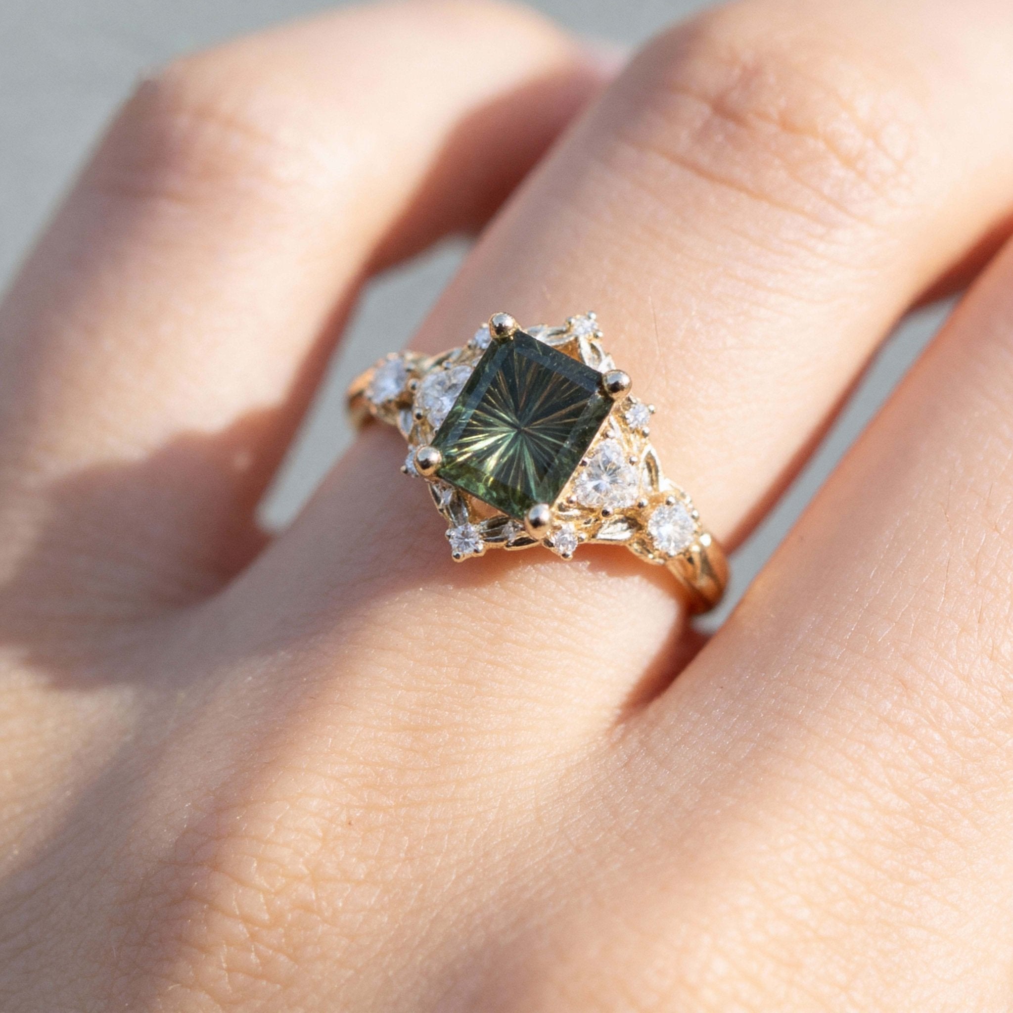 Vintage Briar Rose Starlight Emerald Green Lab Sapphire Engagement Ring - Orlina Jewelry