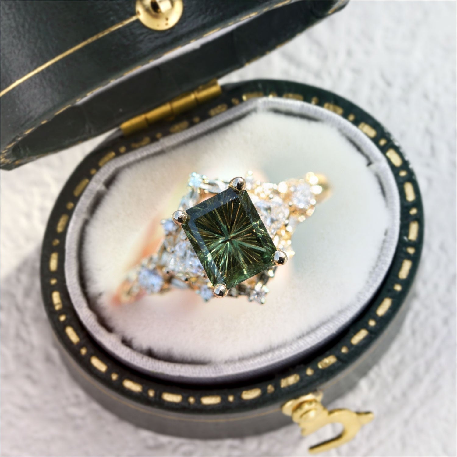 Vintage Briar Rose Starlight Emerald Green Lab Sapphire Engagement Ring - Orlina Jewelry