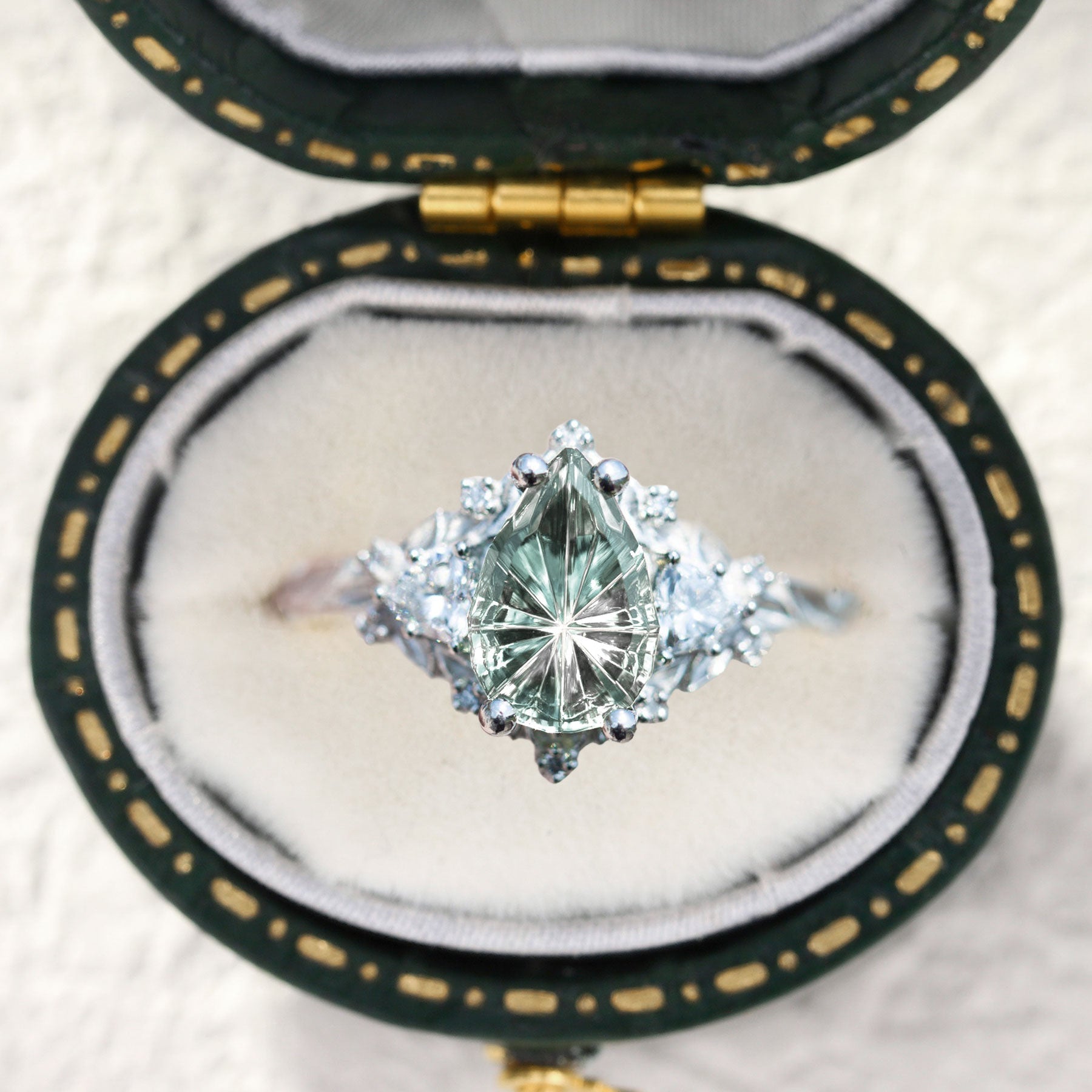 Vintage Briar Rose Starlight Pear Light Green Lab Sapphire Ring - Orlina Jewelry
