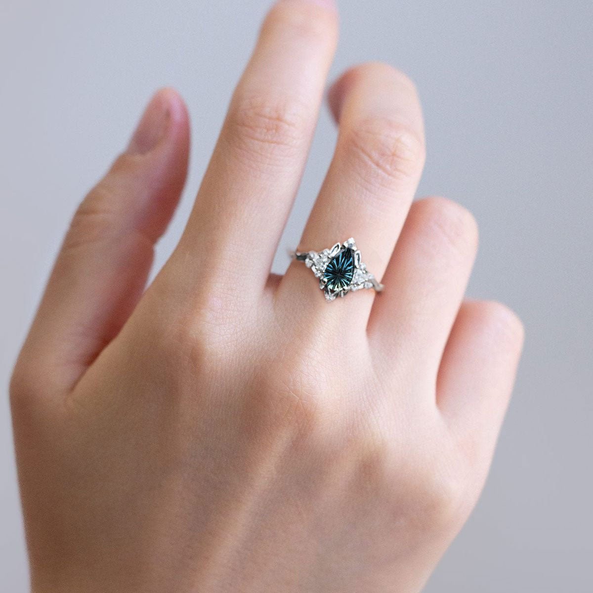 Vintage Briar Rose Starlight Pear Shaped Teal Lab Sapphire Ring - Orlina Jewelry