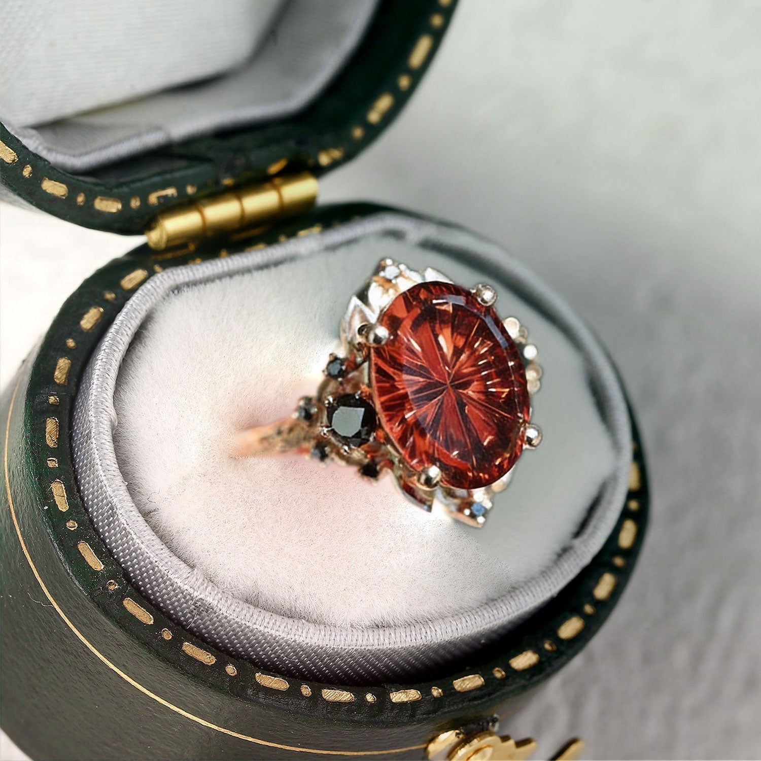Vintage Briar Rose Starlight Three Stone Oval Garnet Ring - Orlina Jewelry