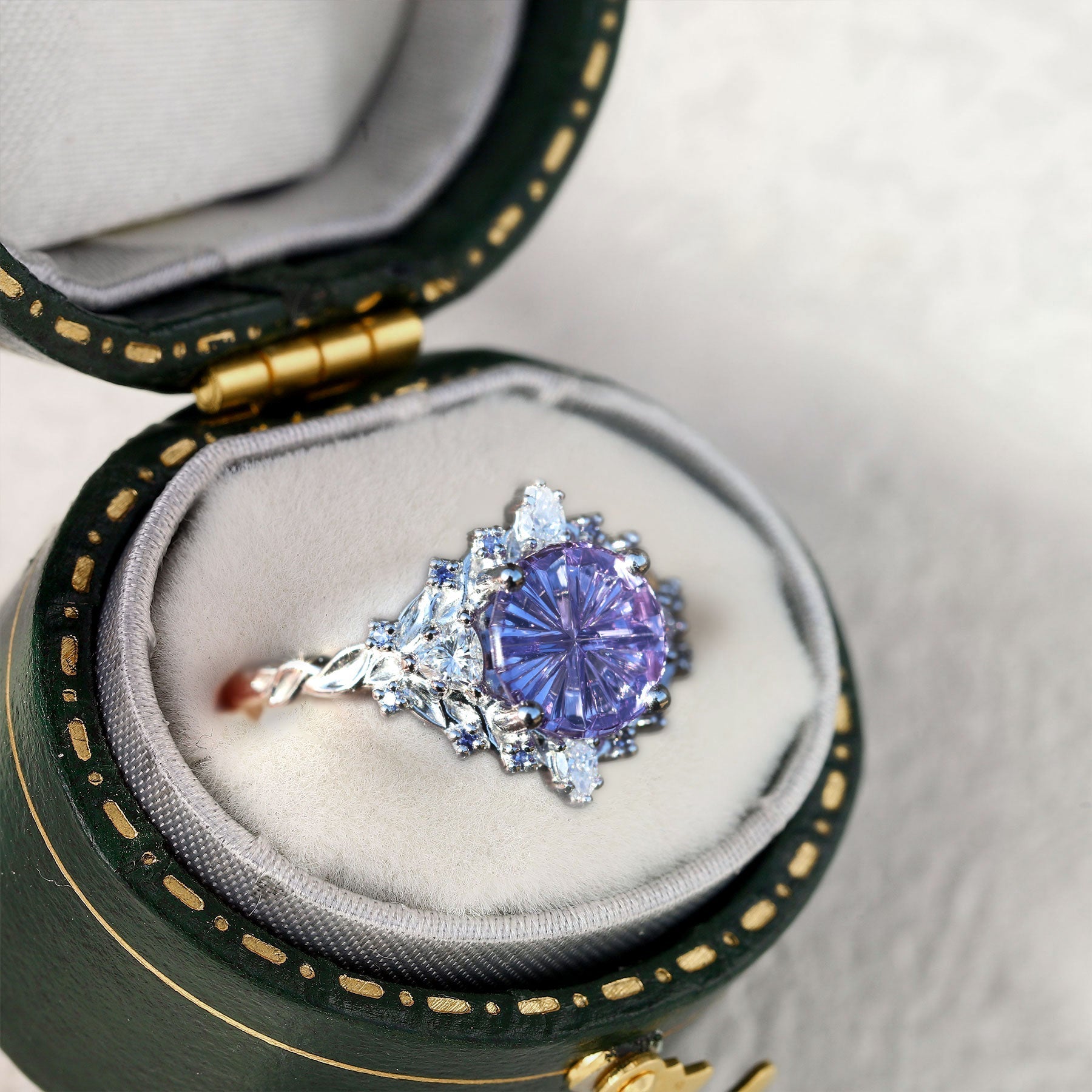 Vintage Briar Rose Starlight Three Stone Round Purple Lab Sapphire Ring - Orlina Jewelry