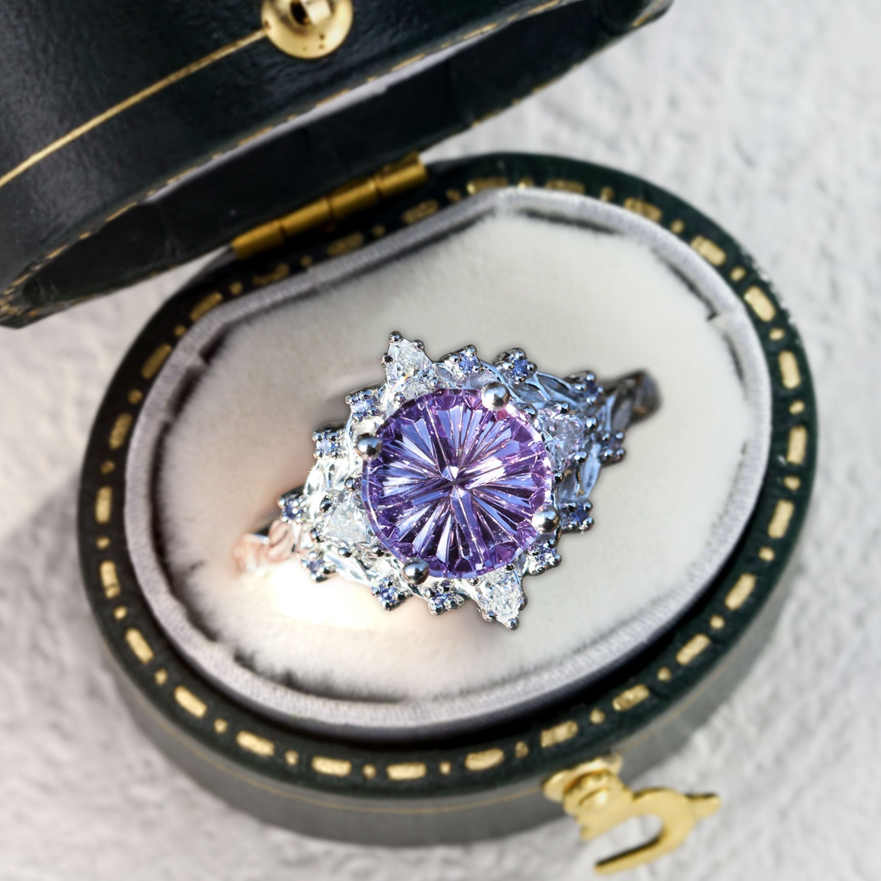 Vintage Briar Rose Starlight Three Stone Round Purple Lab Sapphire Ring - Orlina Jewelry