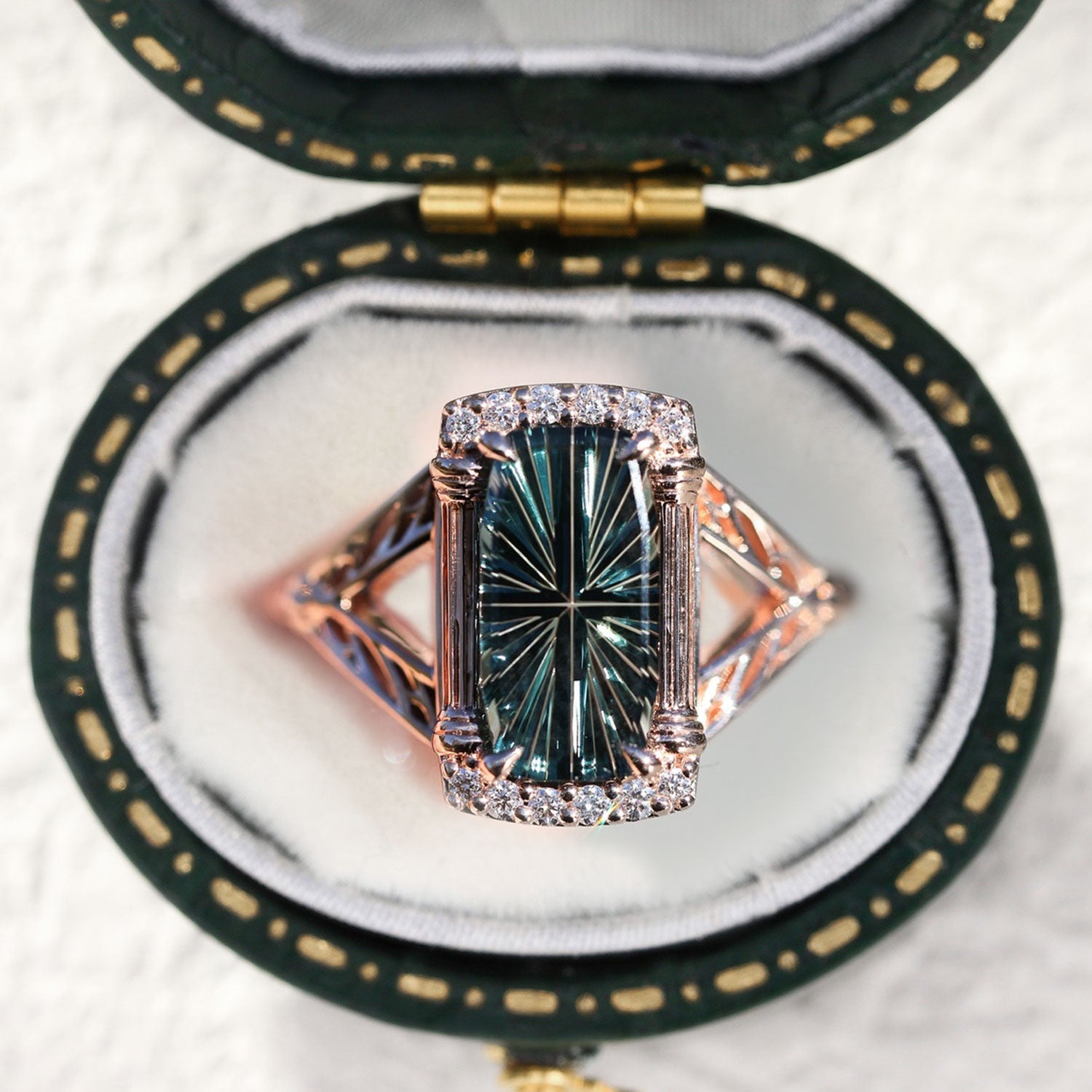 Vintage Elvindell Starlight Emerald Cut Green Lab Sapphire Ring - Orlina Jewelry