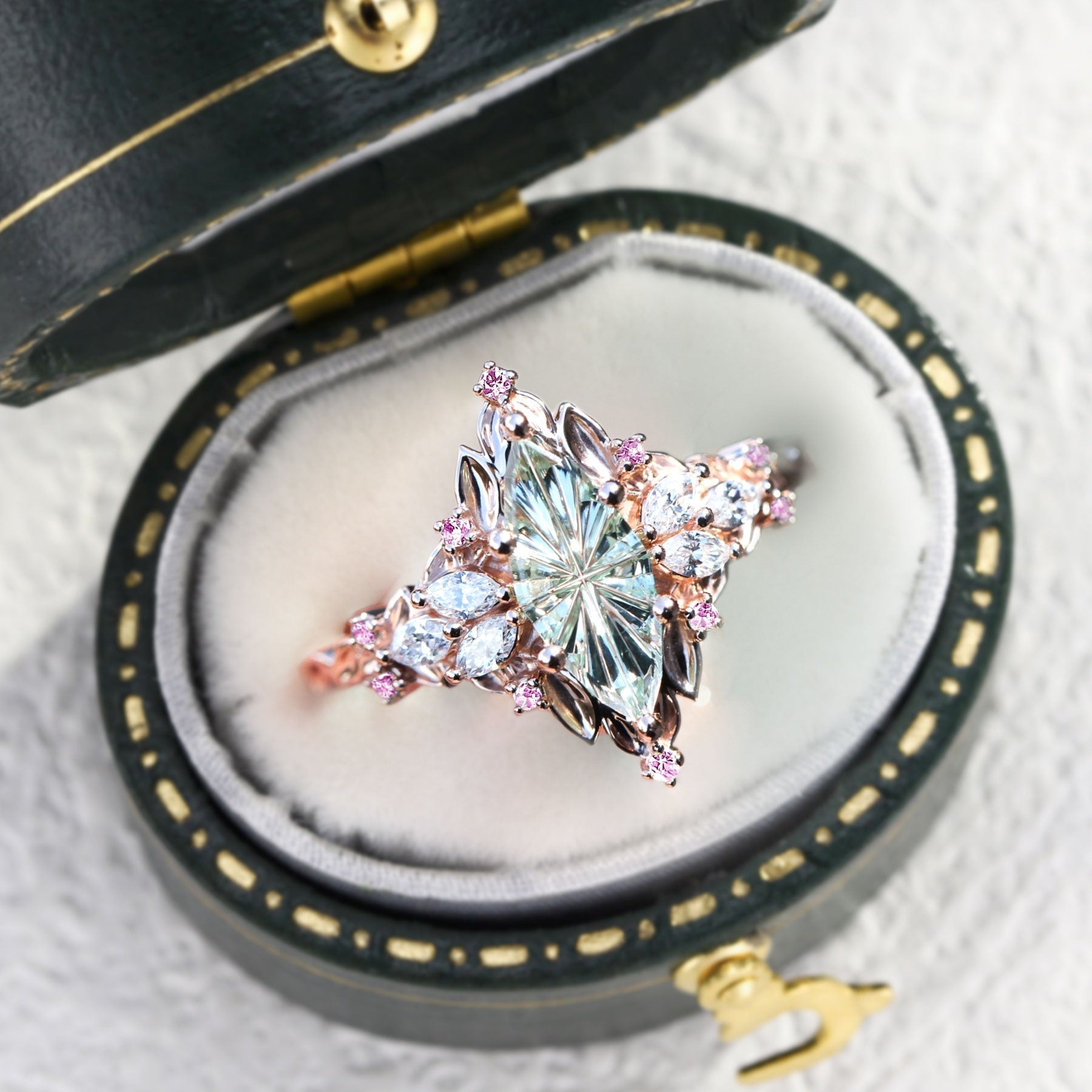Vintage Elvindell Starlight Marquise Green Lab Sapphire Cluster Ring - Orlina Jewelry