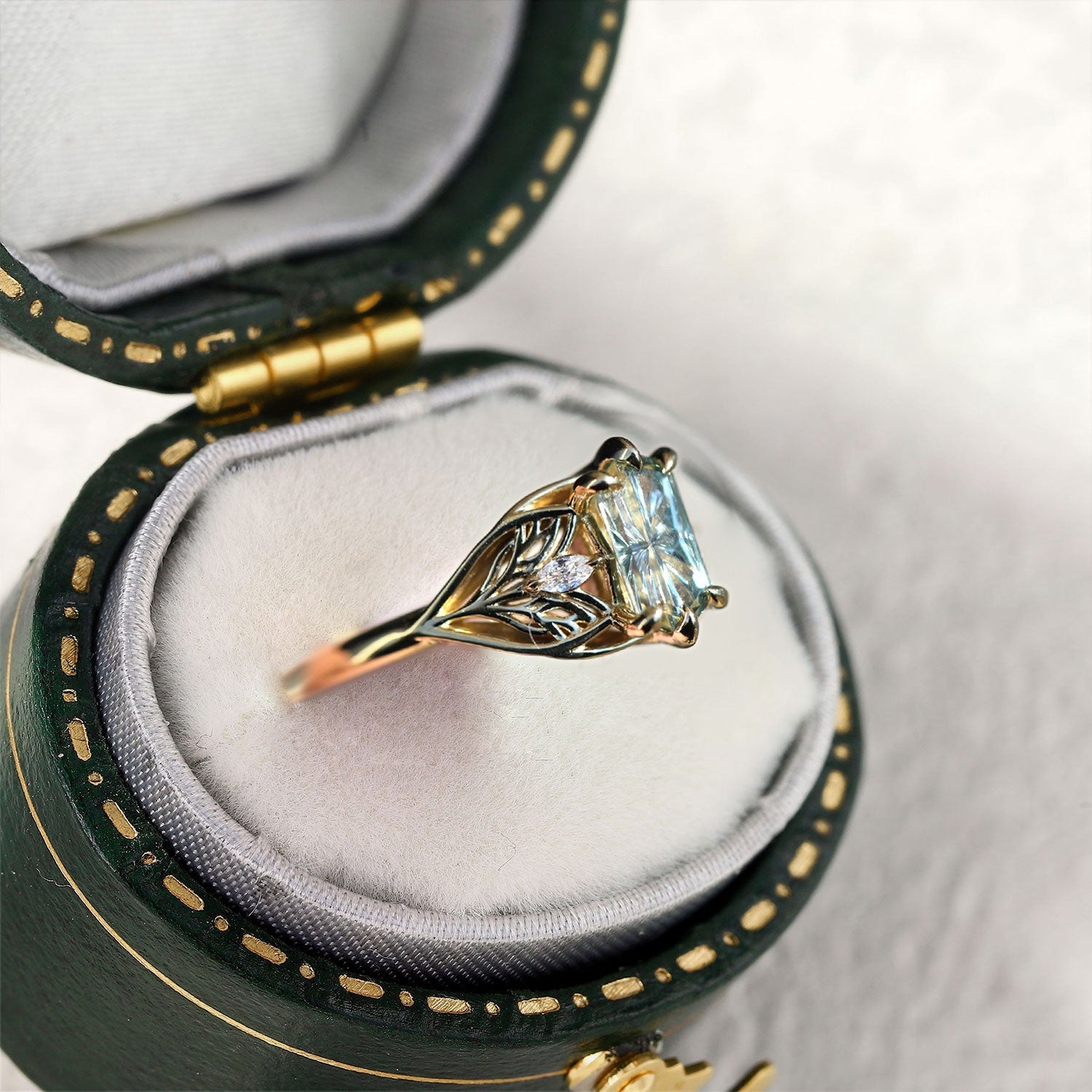 Vintage Elvindell Three Stone Hexagon Blue Lab Sapphire Ring - Orlina Jewelry