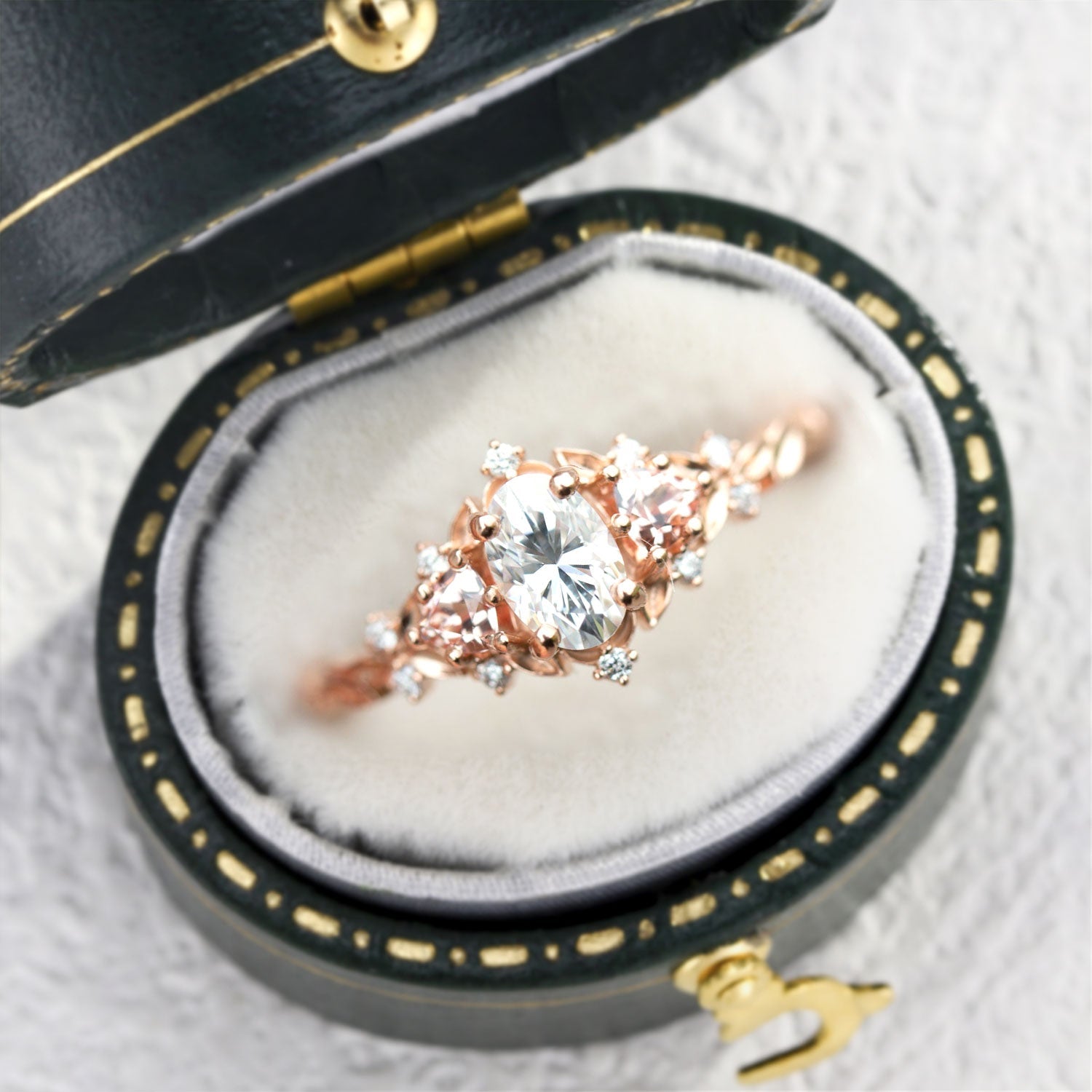 Vintage Oval Moissanite Engagement Ring with Lab Peach Sapphire - Orlina Jewelry