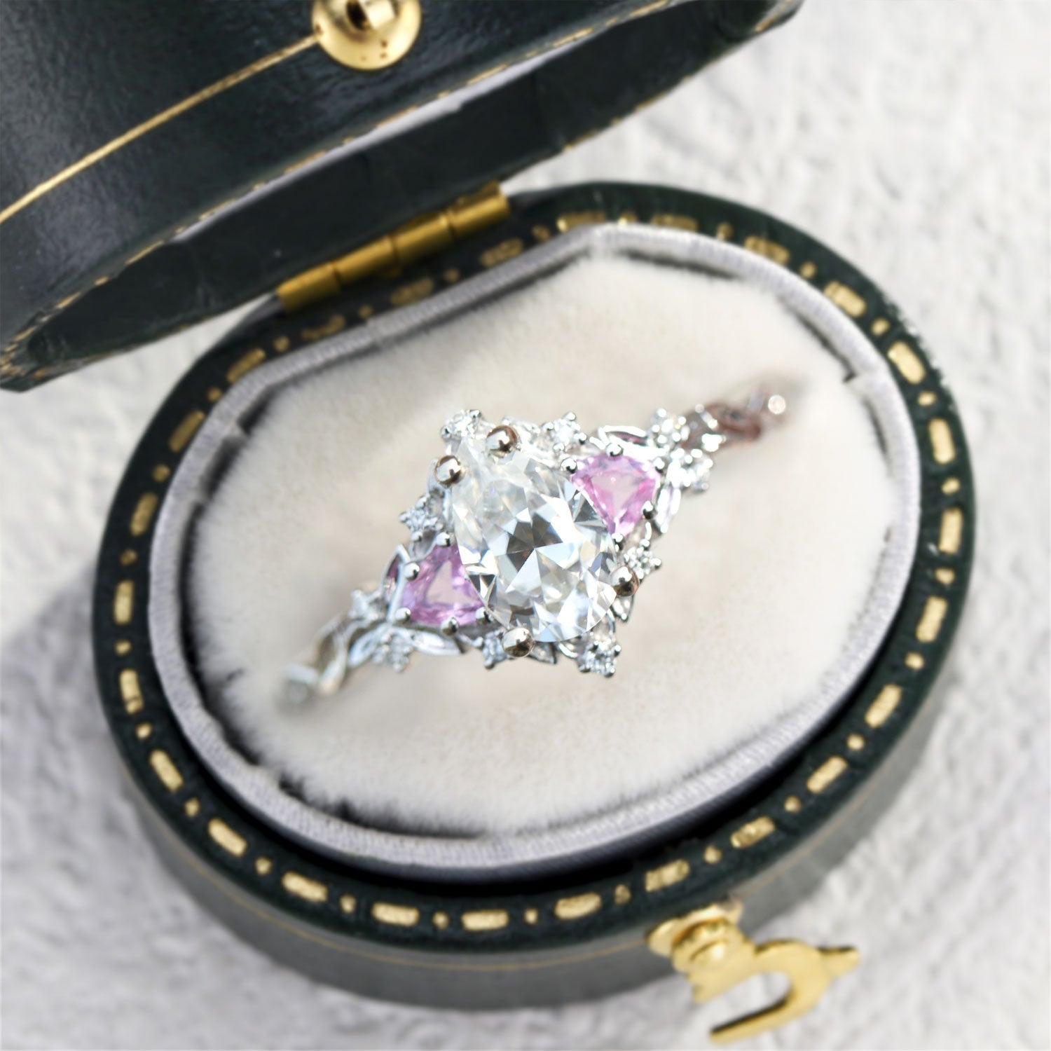 Vintage Pear Moissanite Engagement Ring with Pink Sapphire - Orlina Jewelry