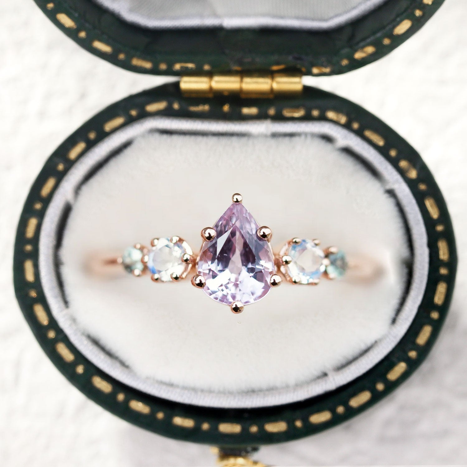 Vintage Pink Pear Sapphire and Moissanite Engagement Ring - Orlina Jewelry