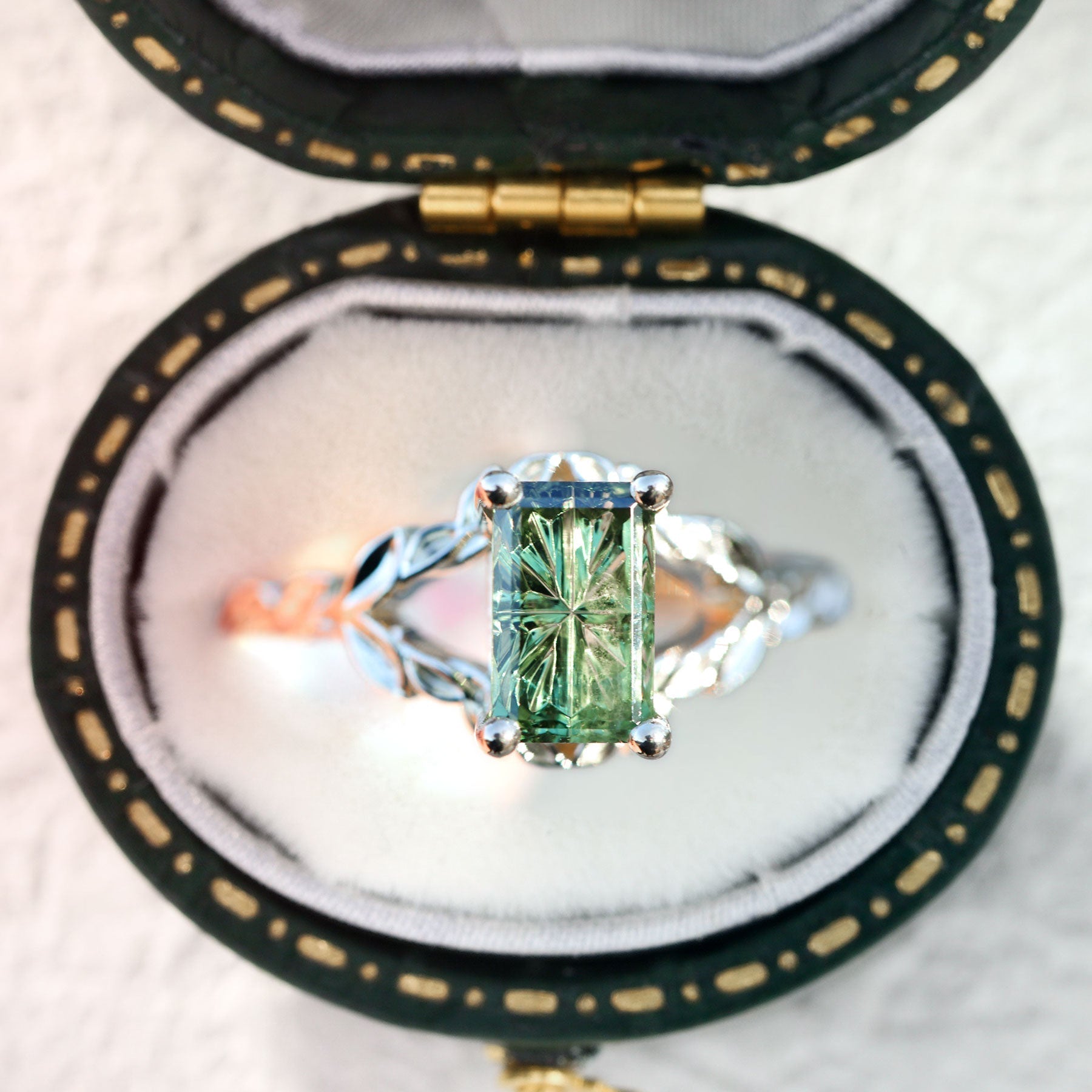 Vintage Solitaire Starlight Emerald Cut Green Lab Sapphire Ring - Orlina Jewelry