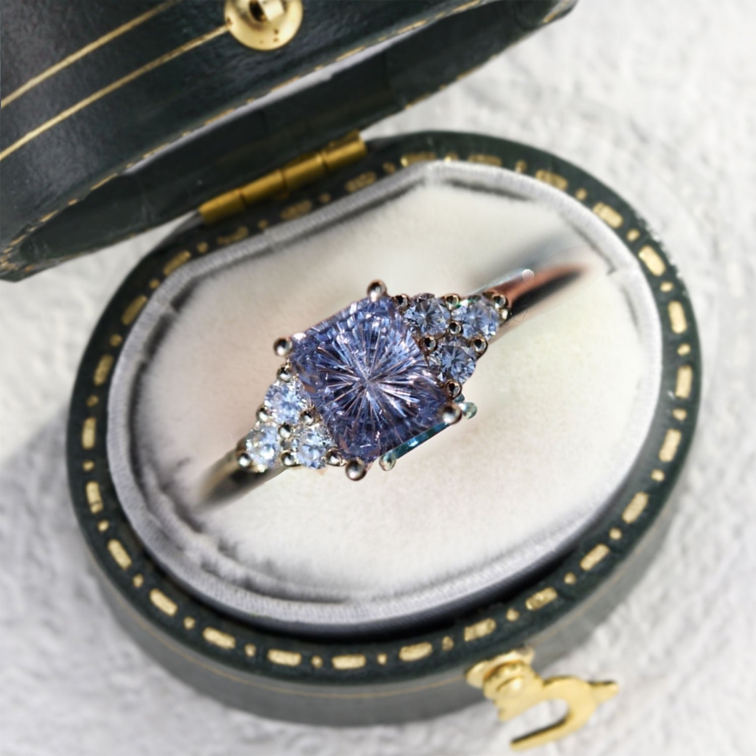 Vintage Unique Modern Cluster Emerald Cut Purple Lab Sapphire Ring - Orlina Jewelry