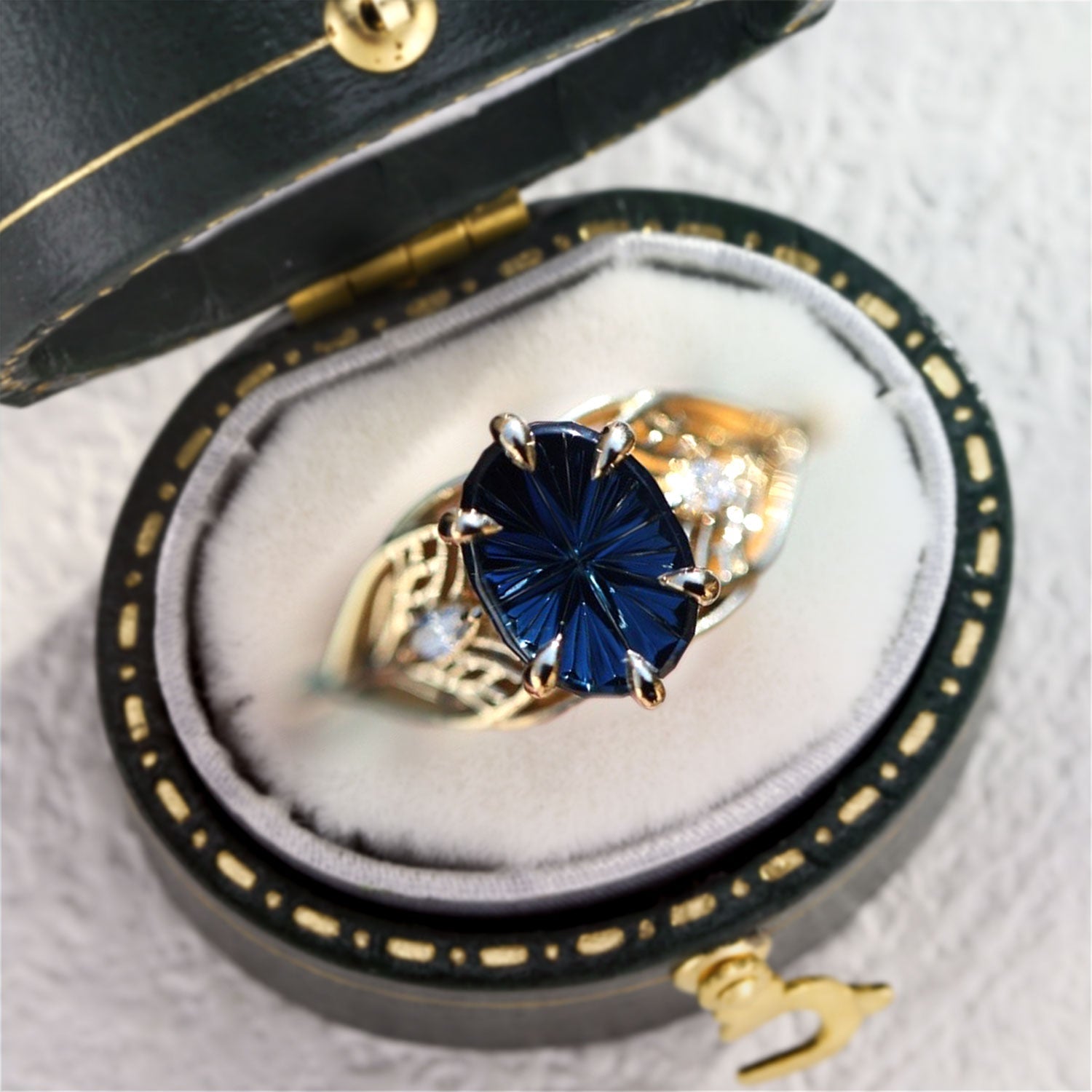 Vintage Unique Starlight Oval Blue Lab Sapphire Engagement Ring - Orlina Jewelry