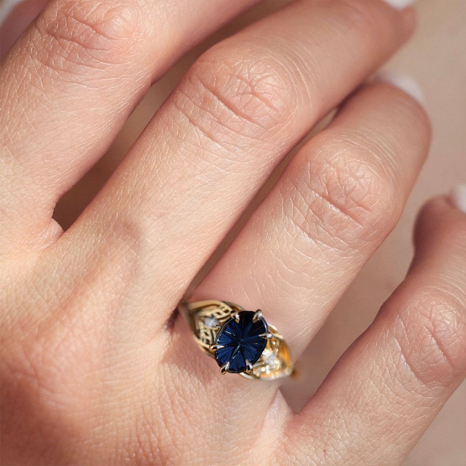 Vintage Unique Starlight Oval Blue Lab Sapphire Engagement Ring - Orlina Jewelry