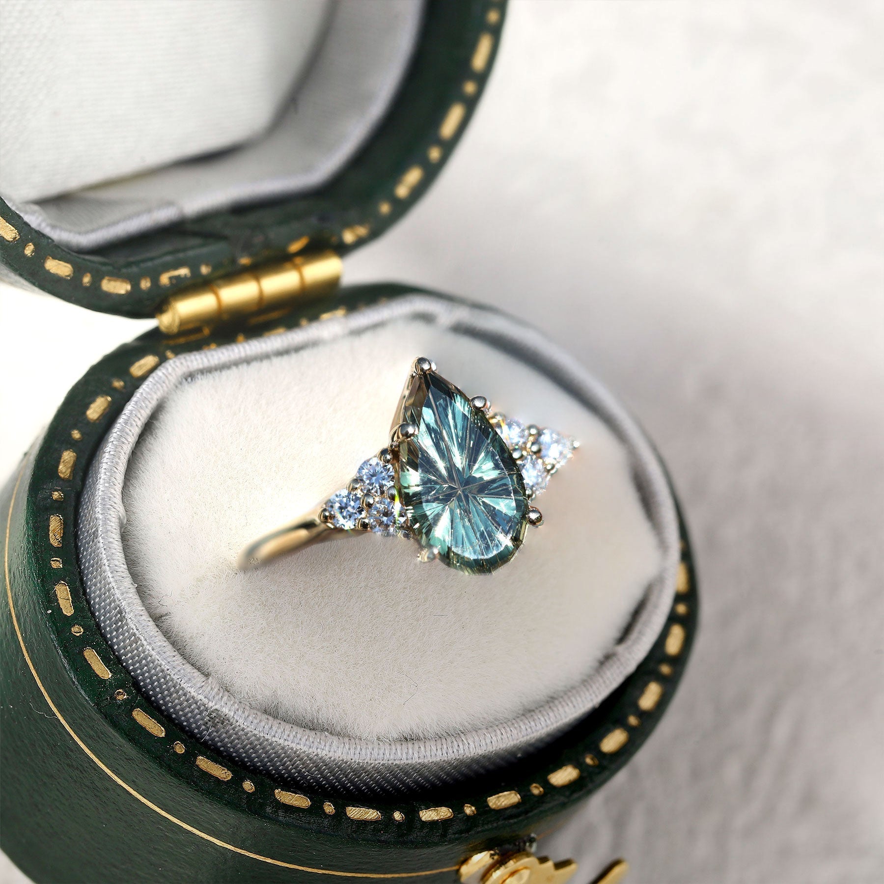 Vintage Unique Starlight Pear Green Lab Sapphire Engagement Ring - Orlina Jewelry