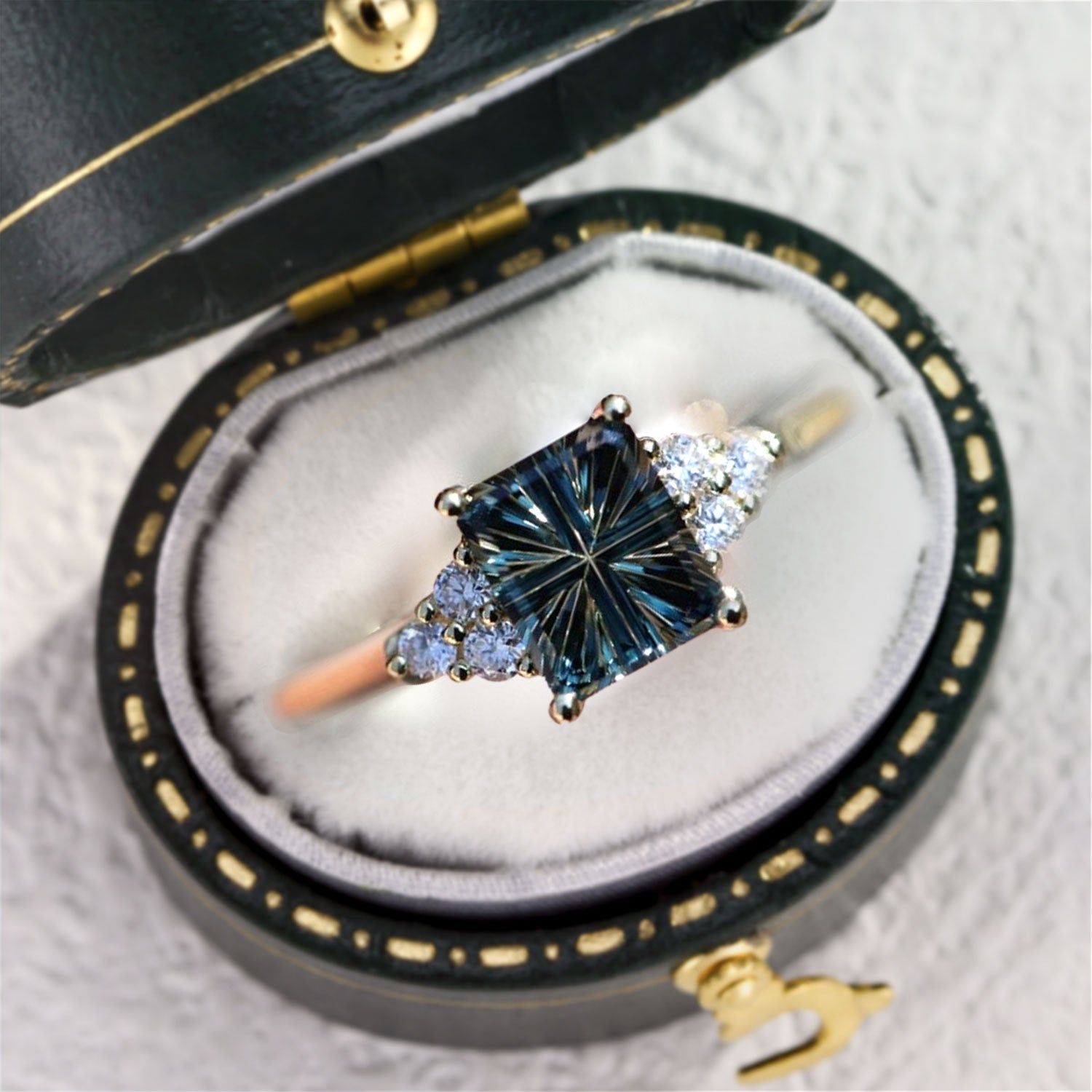 Vintage Unique Teal Starlight Emerald Cut Lab Sapphire Ring - Orlina Jewelry