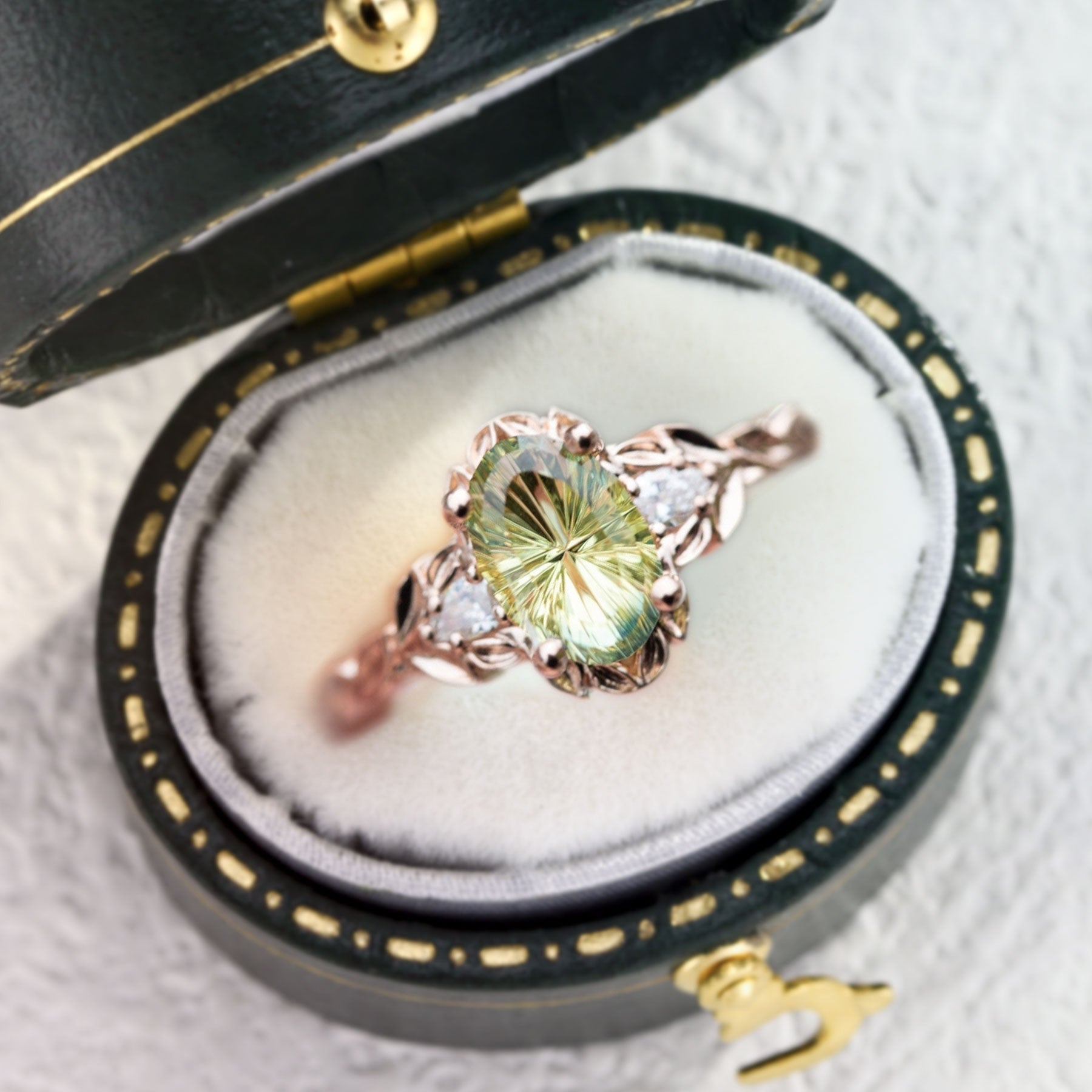 Vintage Unique Three Stone Oval Green Lab Sapphire Leafy Ring - Orlina Jewelry