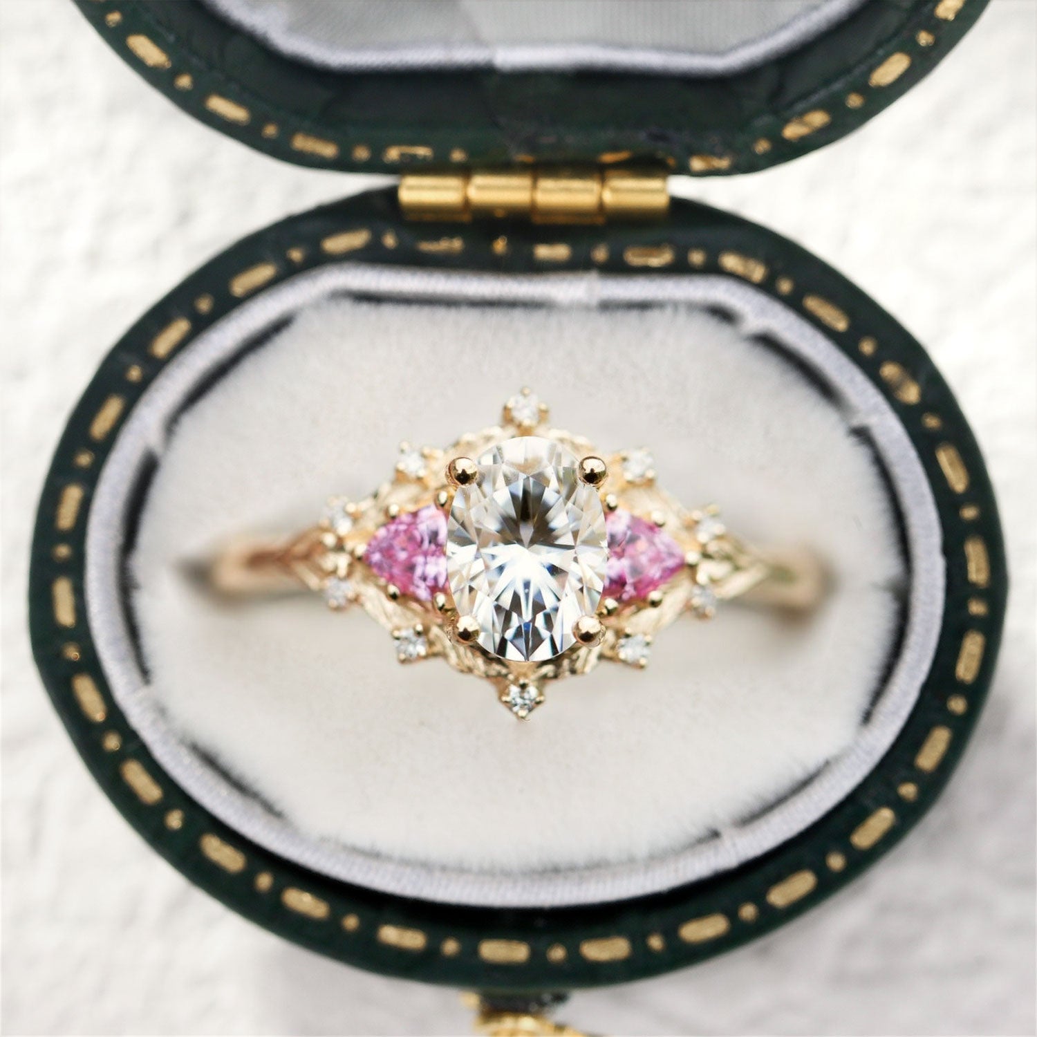 Woodland Three Stone Moissanite Pink Sapphire Engagement Ring - Orlina Jewelry