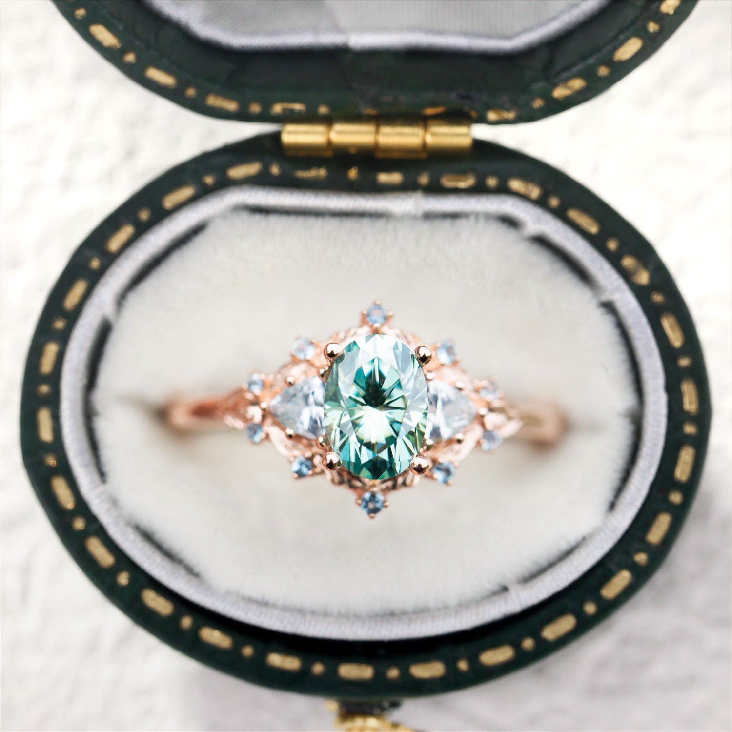 Woodland Three Stone Teal Moissanite Engagement Ring - Orlina Jewelry
