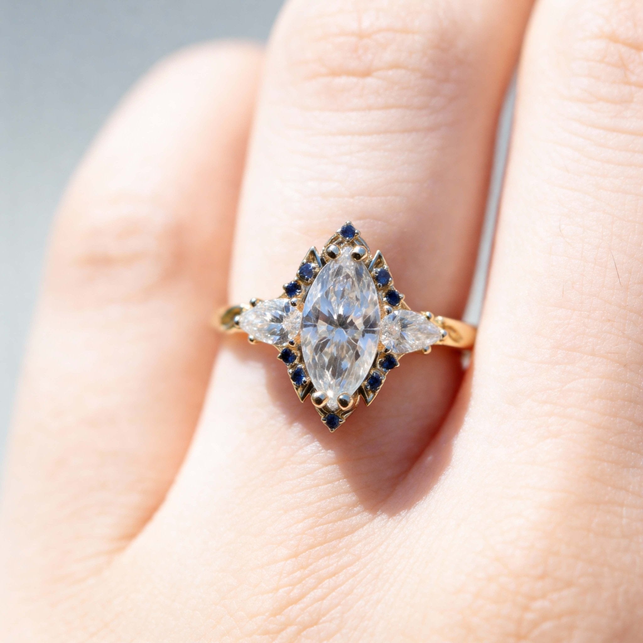 Briar Halo Marquise Moissanite and Lab Sapphire Engagement Ring - Oore Jewelry