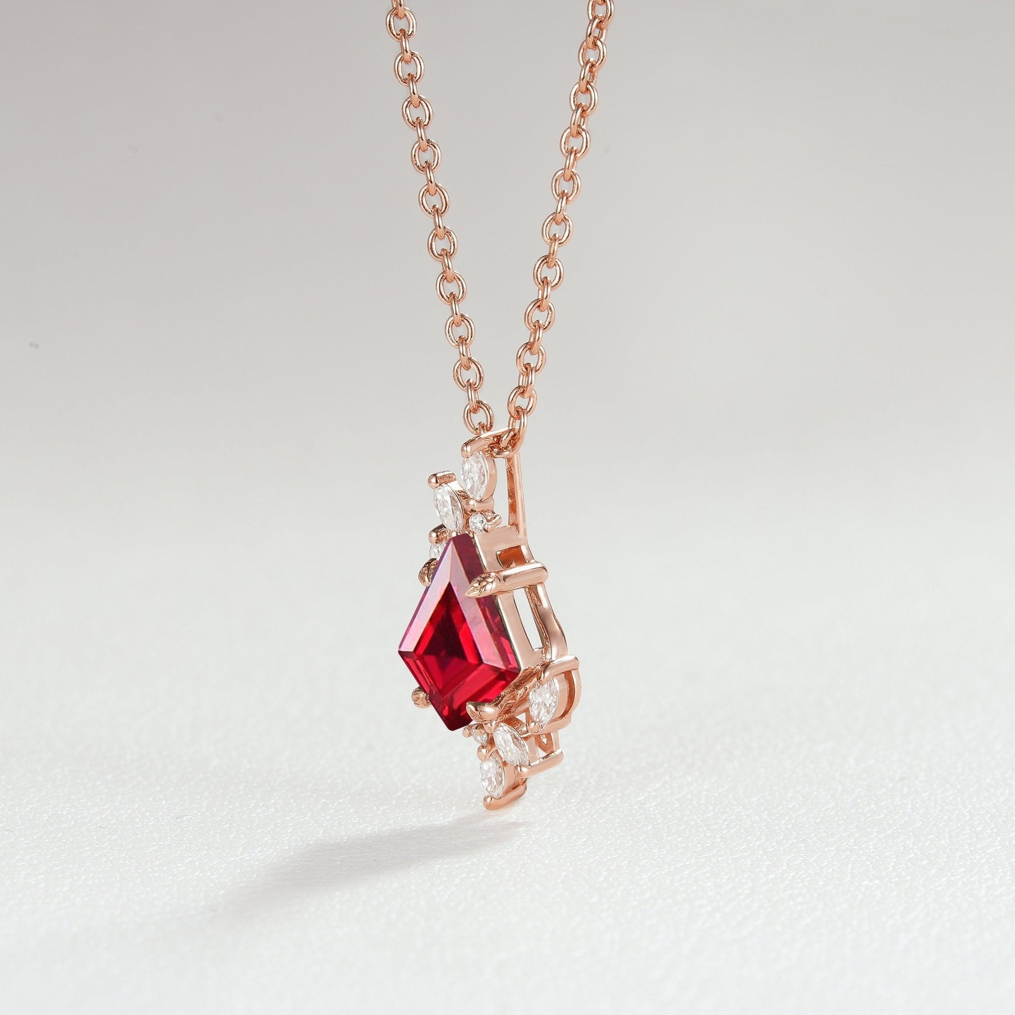 Unique Kite Cut Lab Ruby Leafy Necklace - Oore Jewelry
