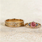 Unique Round Lab Padparadscha Promise Ring Engagement Ring Set for Couples - Oore Jewelry