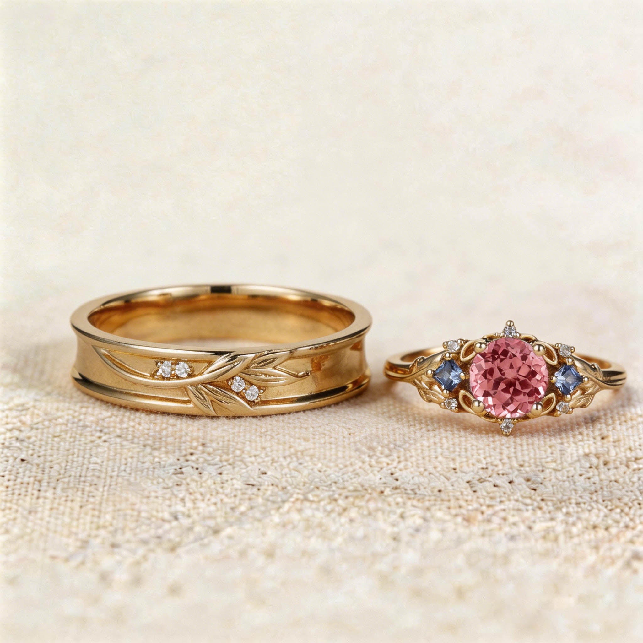 Unique Round Lab Padparadscha Promise Ring Engagement Ring Set for Couples - Oore Jewelry